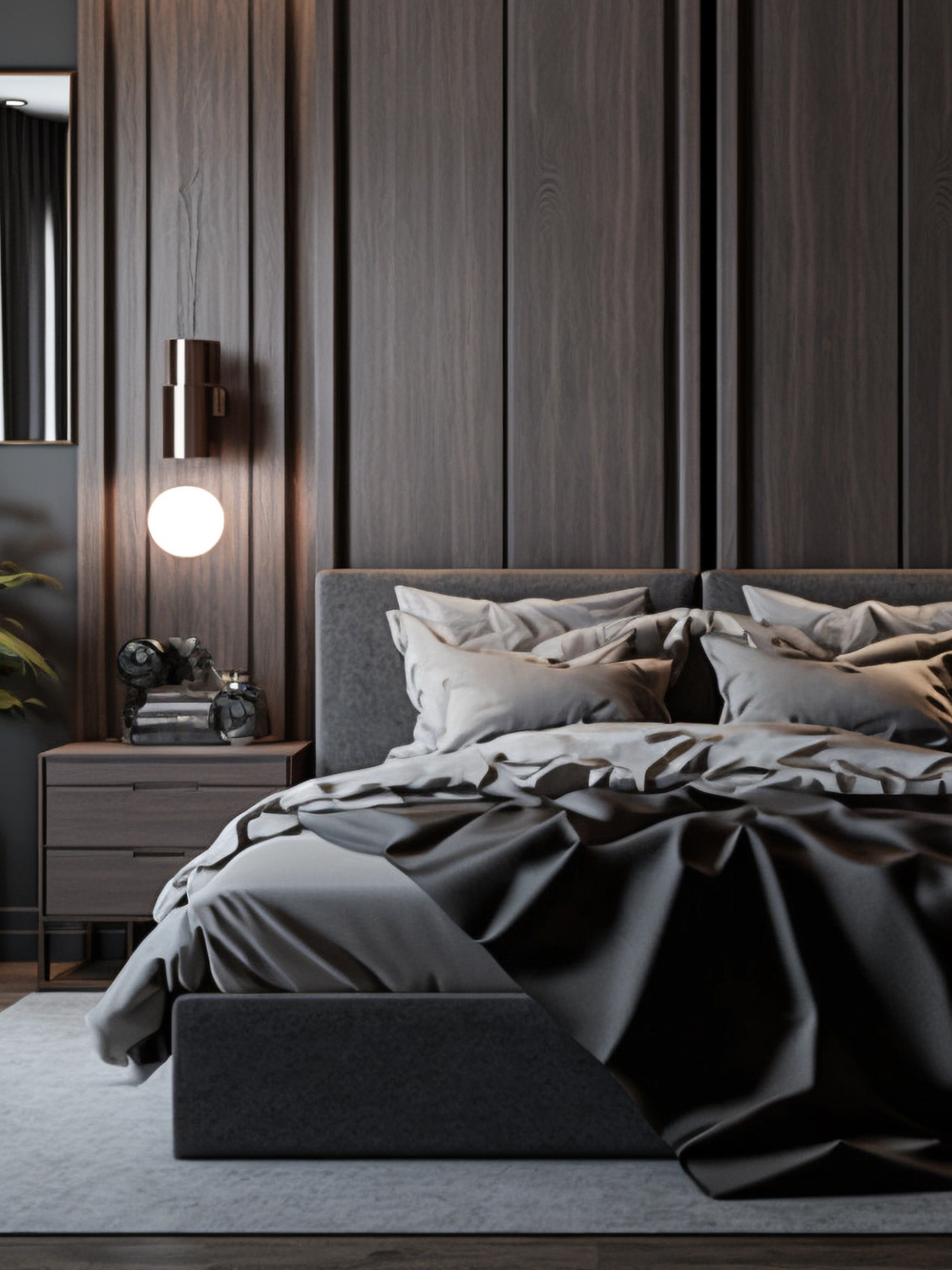 Modern bedroom with dark wood paneling and a gray bed.