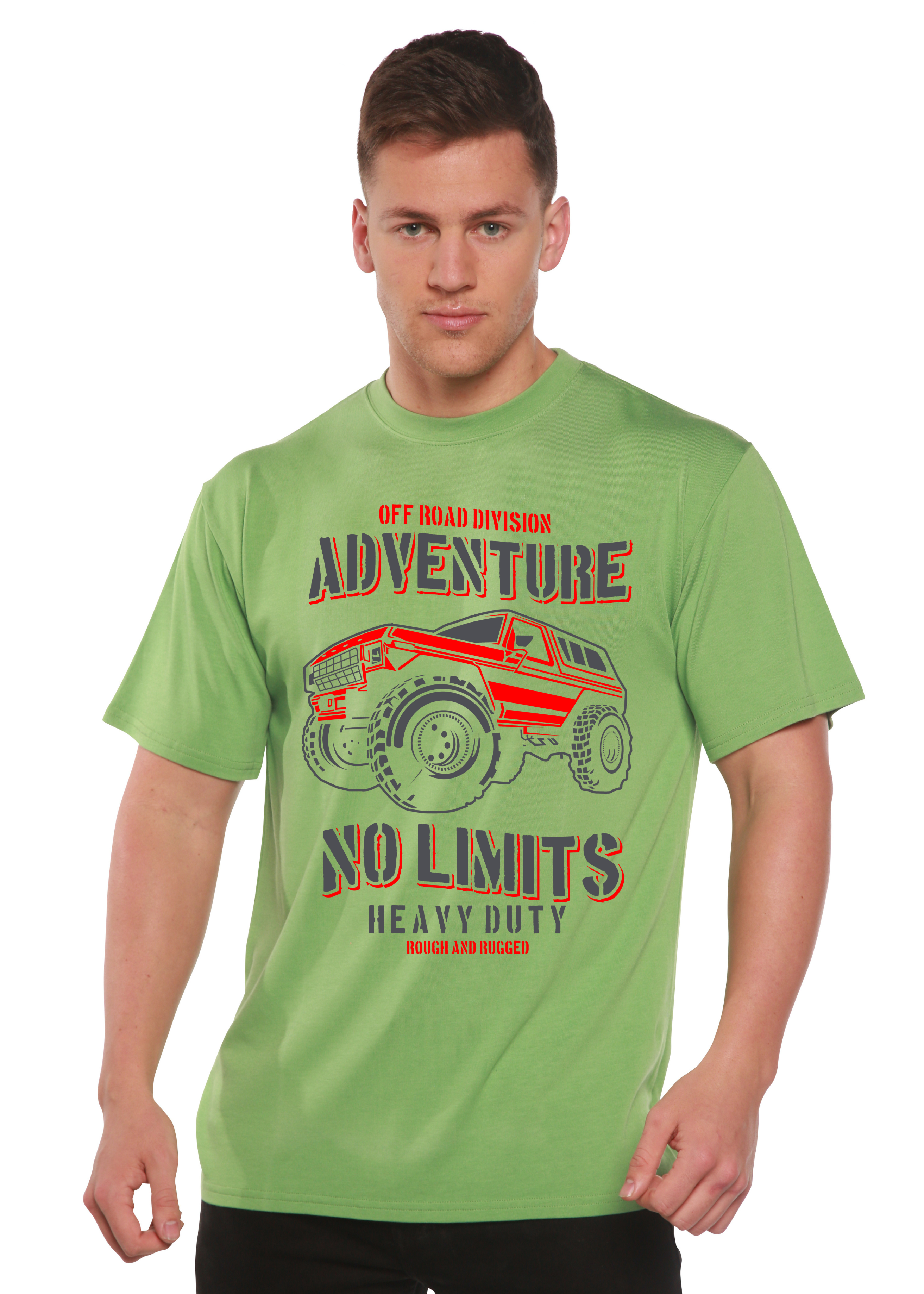 Man wearing a green t-shirt with off-road vehicle graphic and text