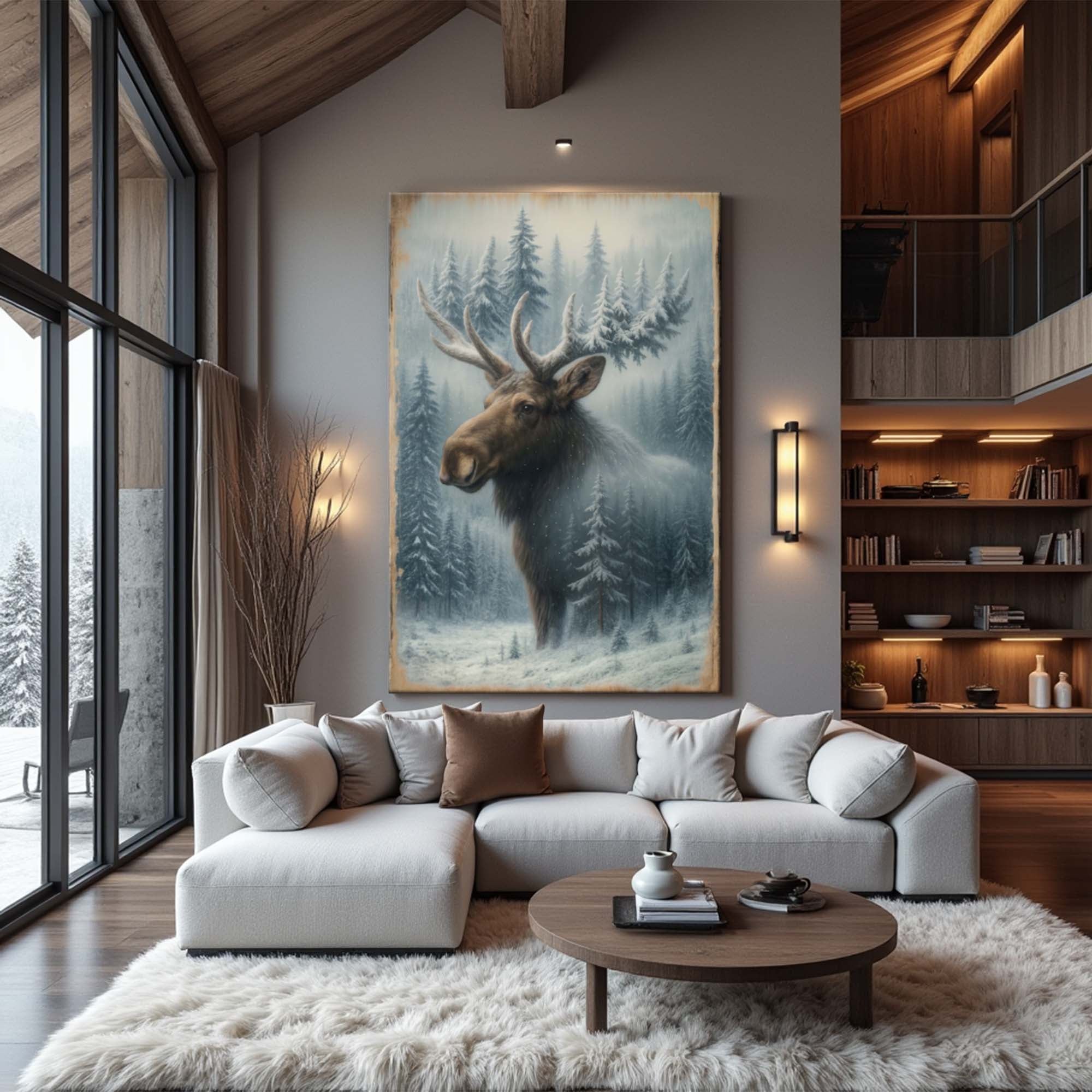 Snowy Forest Moose Double Exposure Canvas Wall Art | Handcrafted | 3 Sizes | Ready to Hang