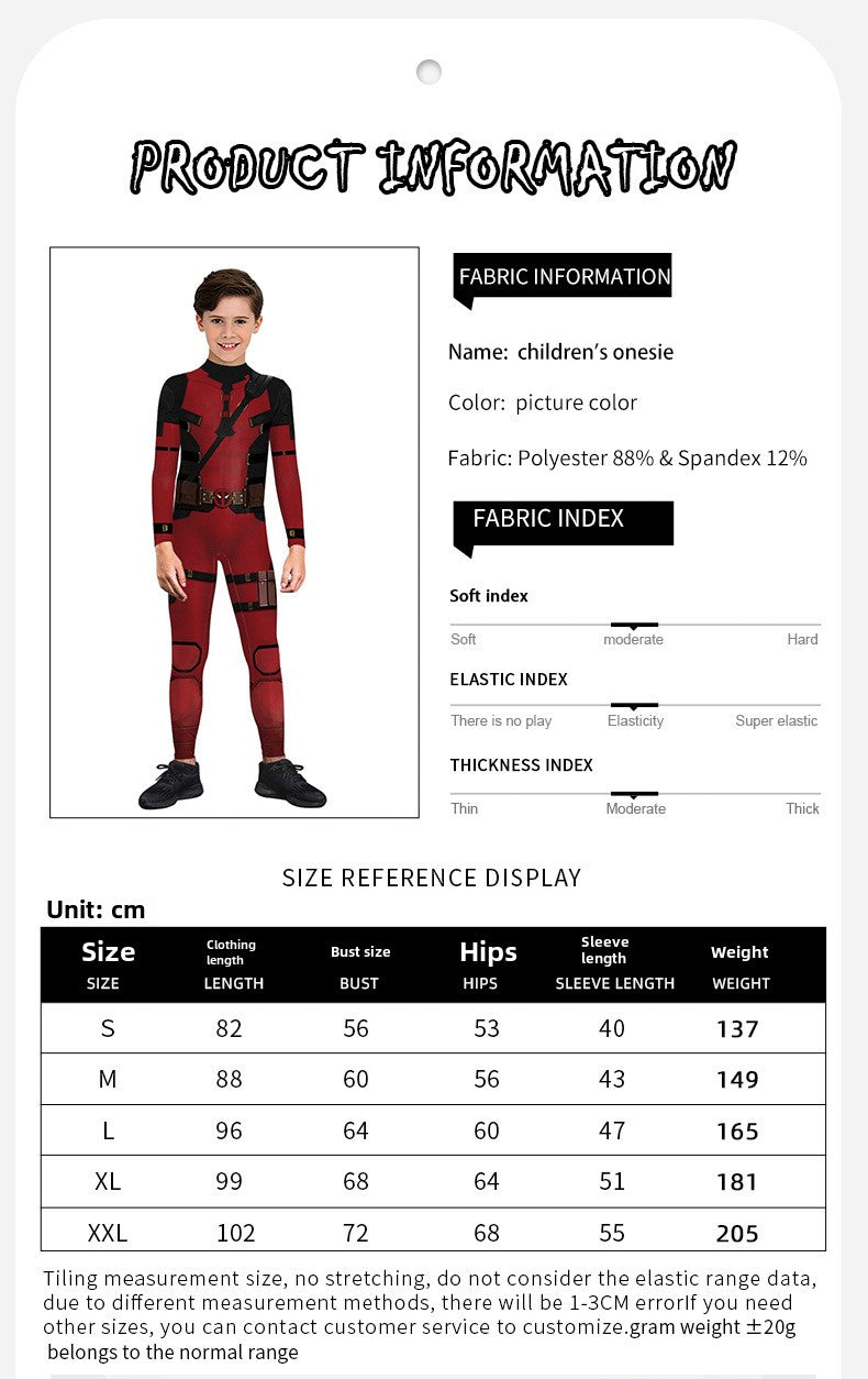 Children's red and black onesie with fabric information and size chart on a white background