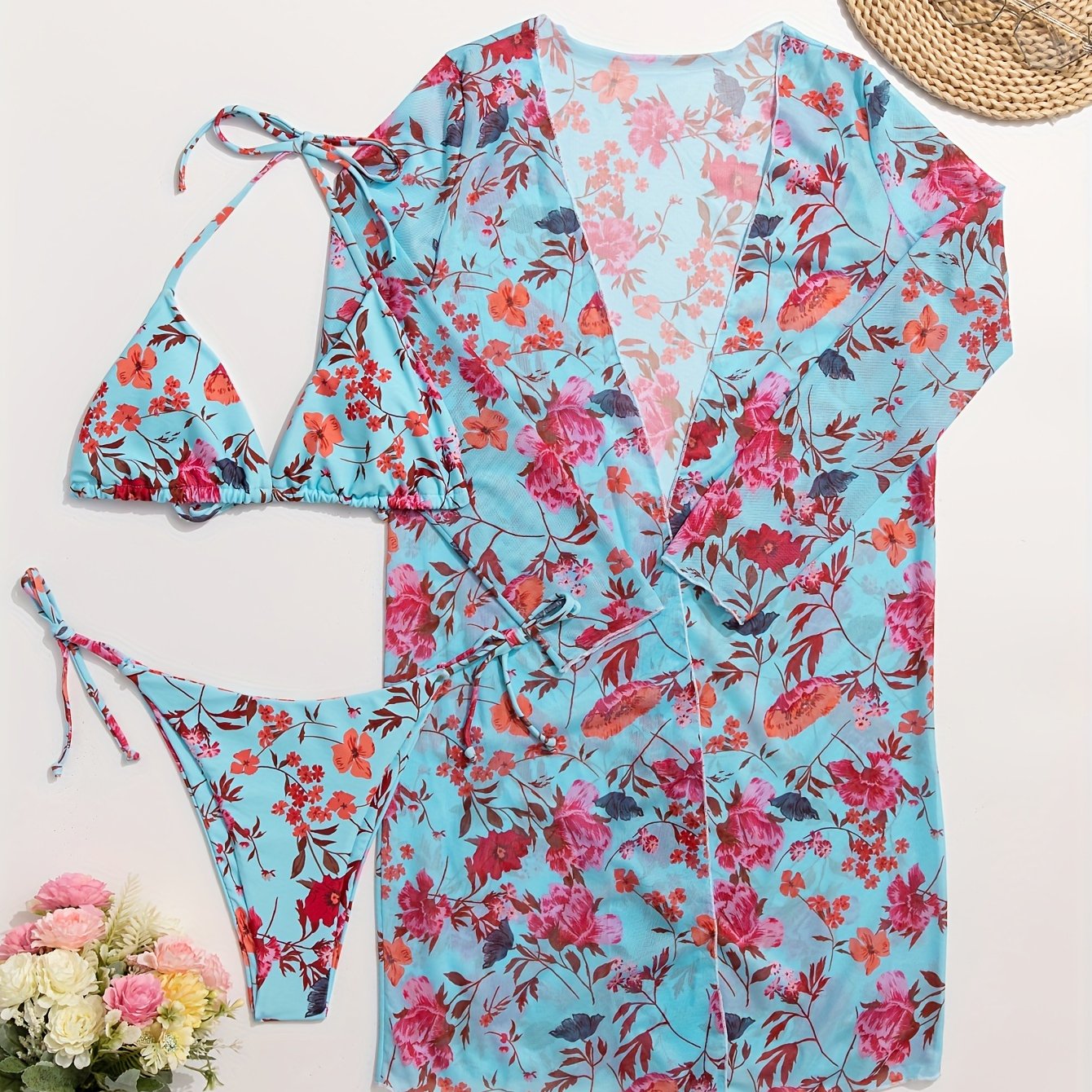 Floral Three-Piece Bikini Set – V-Neck, Cover-Up, Removable Padding