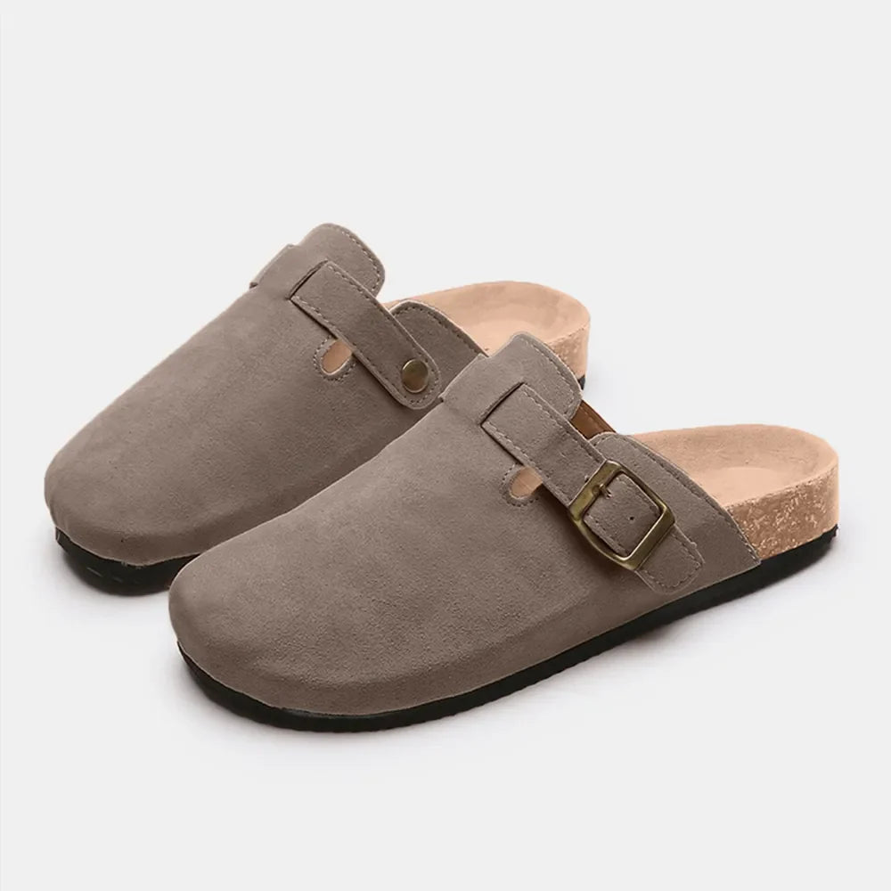 Suede Closed-Toe Buckle Slide – Faux Suede Flat Sandal