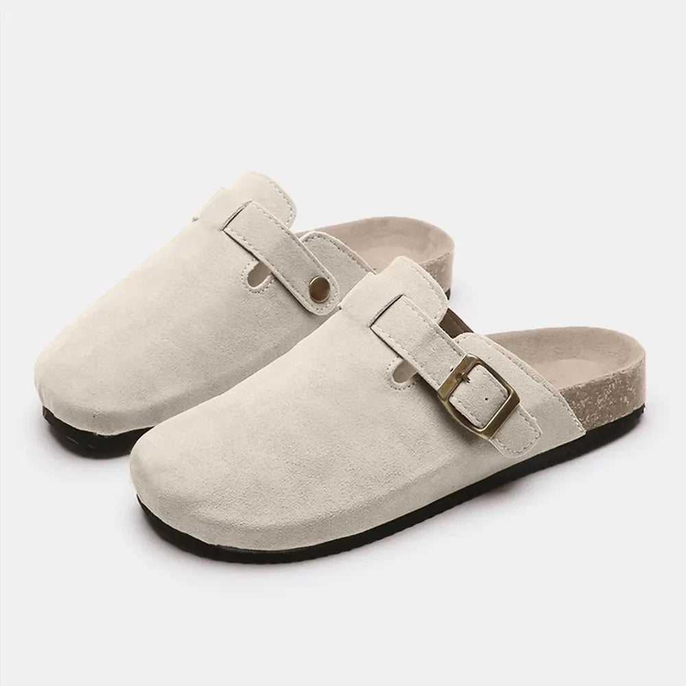 Suede Closed-Toe Buckle Slide – Faux Suede Flat Sandal