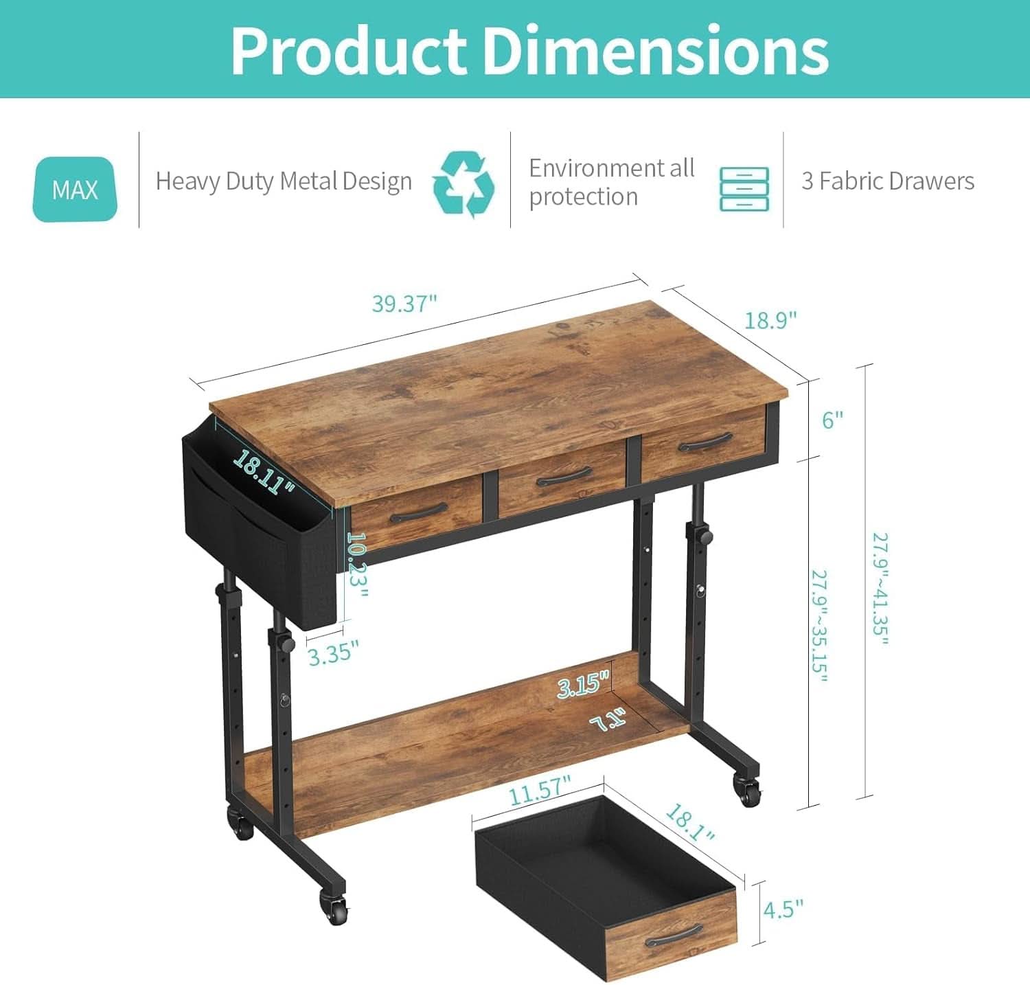 Rolling Height-Adjustable Computer Desk with Drawers – Sit-Stand Mobile Home Office Workstation