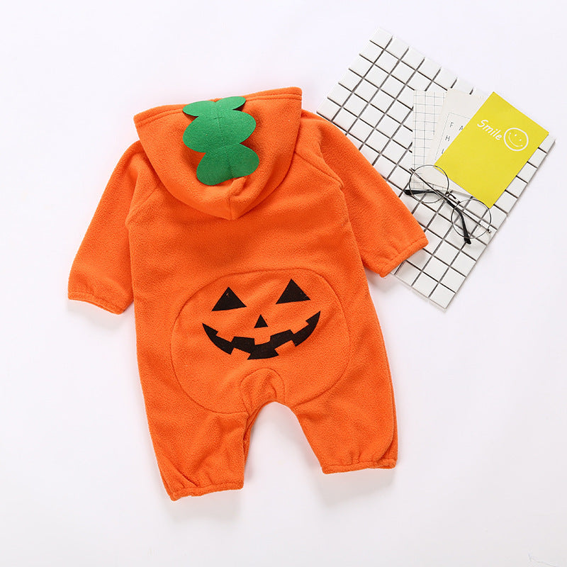 Orange pumpkin costume with a green leaf on a white background
