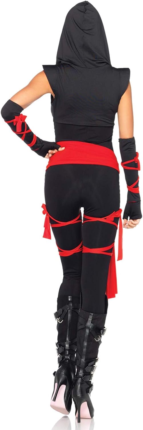Person wearing a black and red ninja costume with a hood and arm guards.