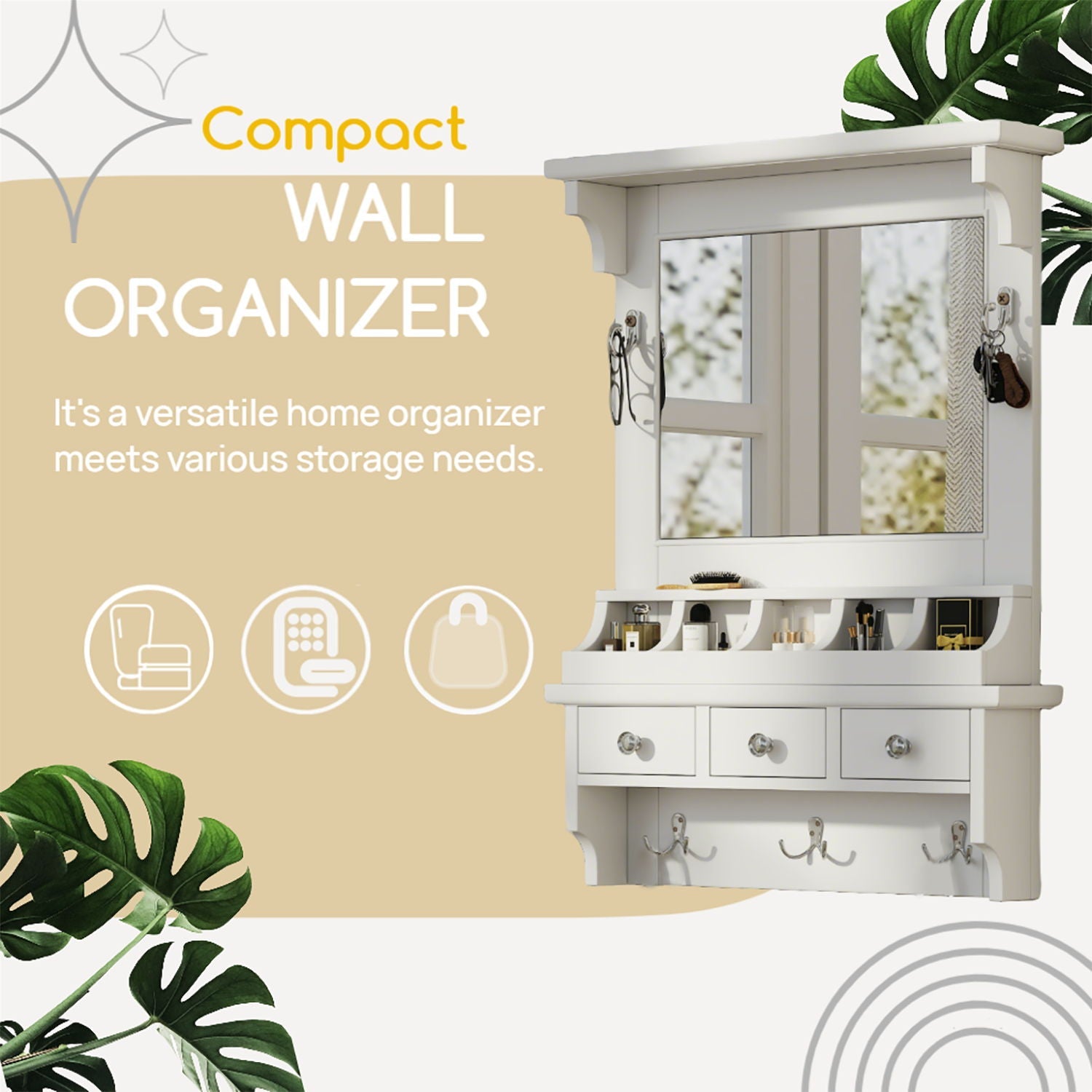 Floating Makeup Vanity with Mirror | Wall-Mounted Storage Organizer – White