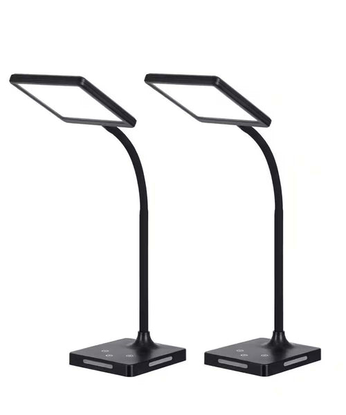 Two black Brilli Charge-Up Circadian LED desk lamps with flexible gooseneck arms, square flat panel heads, and touch-control bases — set of 2, shown on white background