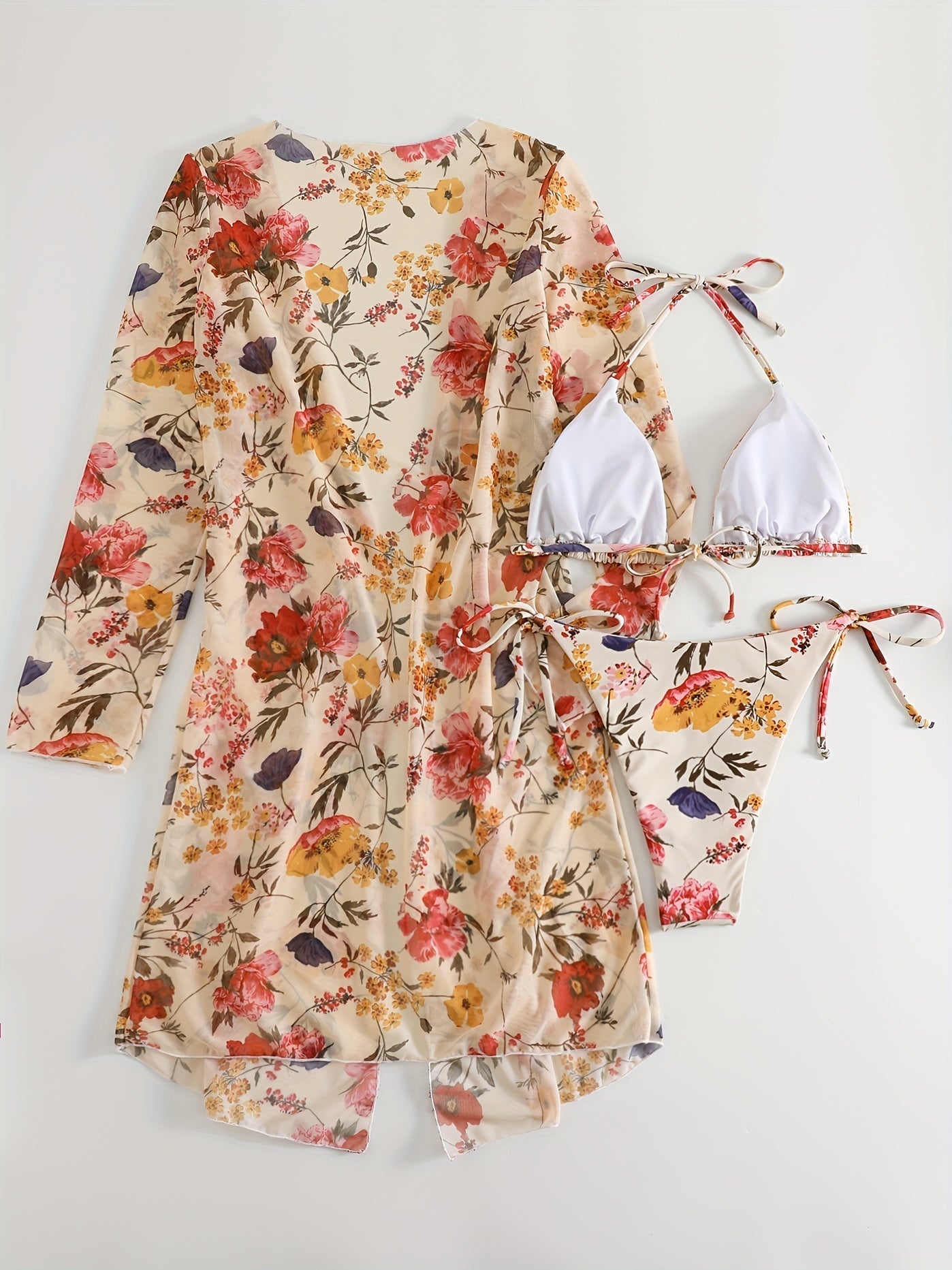 Floral Three-Piece Bikini Set – V-Neck, Cover-Up, Removable Padding