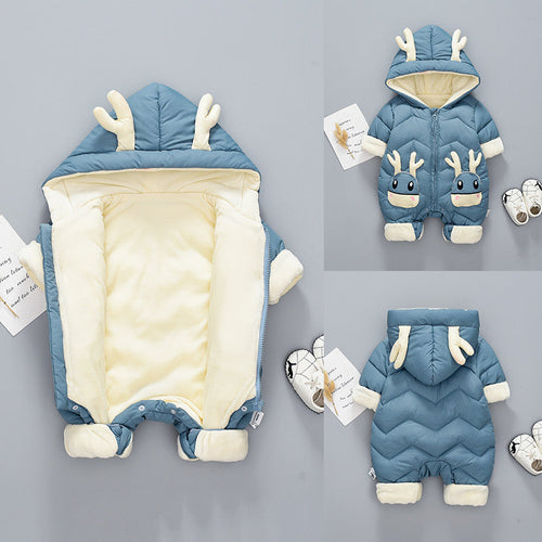 Blue baby snowsuit with hood and antlers on a gray background