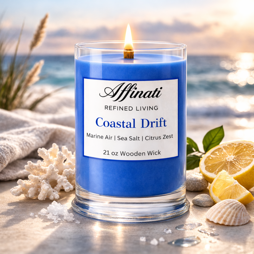 Blue candle labeled 'Affinati' on a beach with ocean view