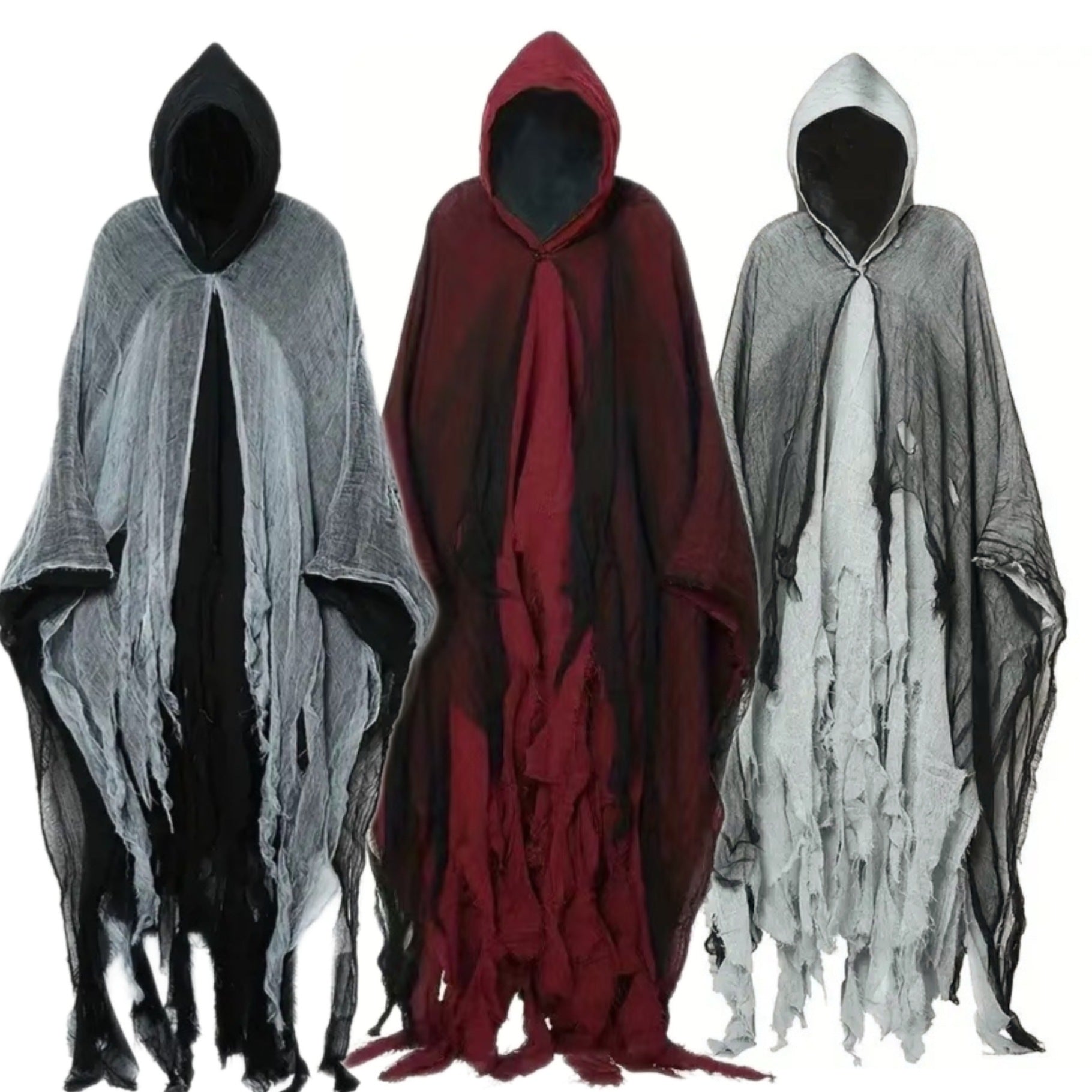 Three hooded cloaks in black, red, and gray on a white background