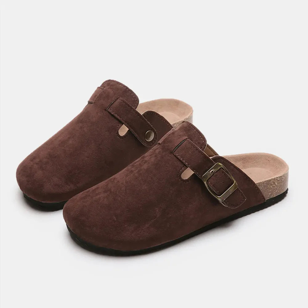Suede Closed-Toe Buckle Slide – Faux Suede Flat Sandal