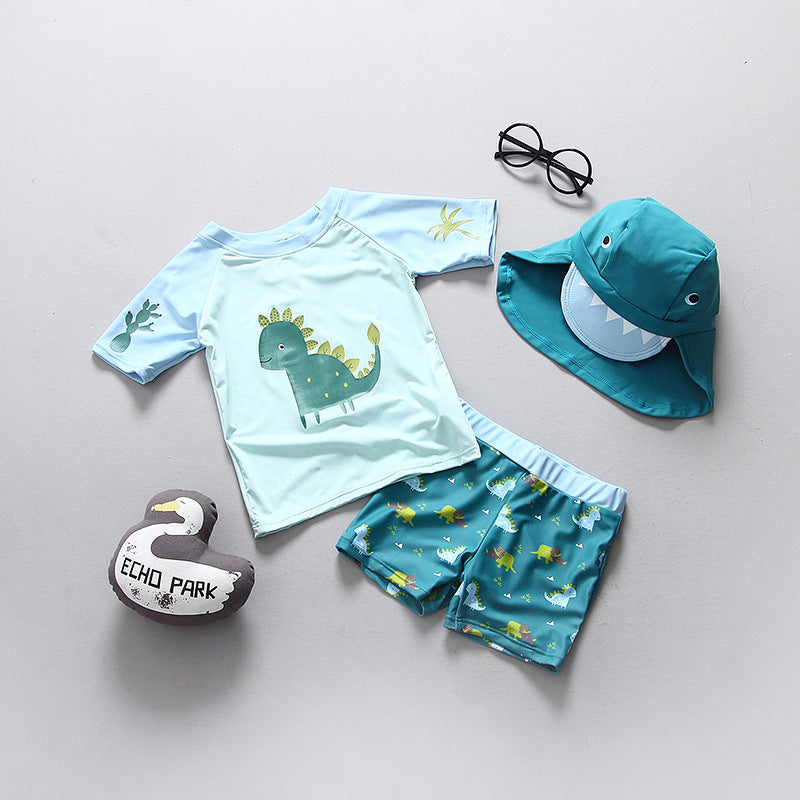 Boys Dinosaur Rashguard Swimsuit Set with Sun Hat – UPF 50+