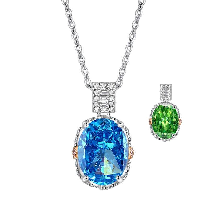 Ice Flower Cut Oval CZ Pendant Necklace | Two-Tone Pavé Halo, Blue & Green