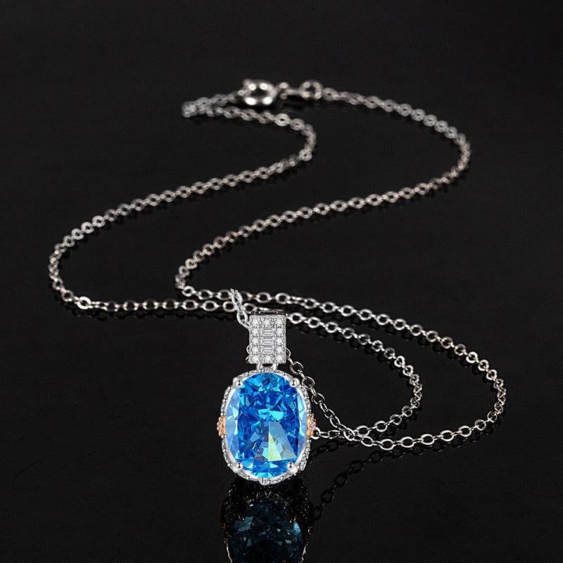 Ice Flower Cut Oval CZ Pendant Necklace | Two-Tone Pavé Halo, Blue & Green