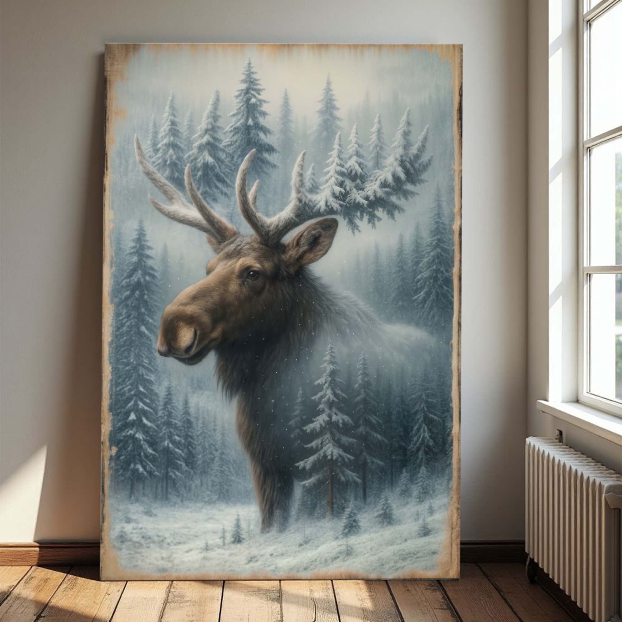 Snowy Forest Moose Double Exposure Canvas Wall Art | Handcrafted | 3 Sizes | Ready to Hang