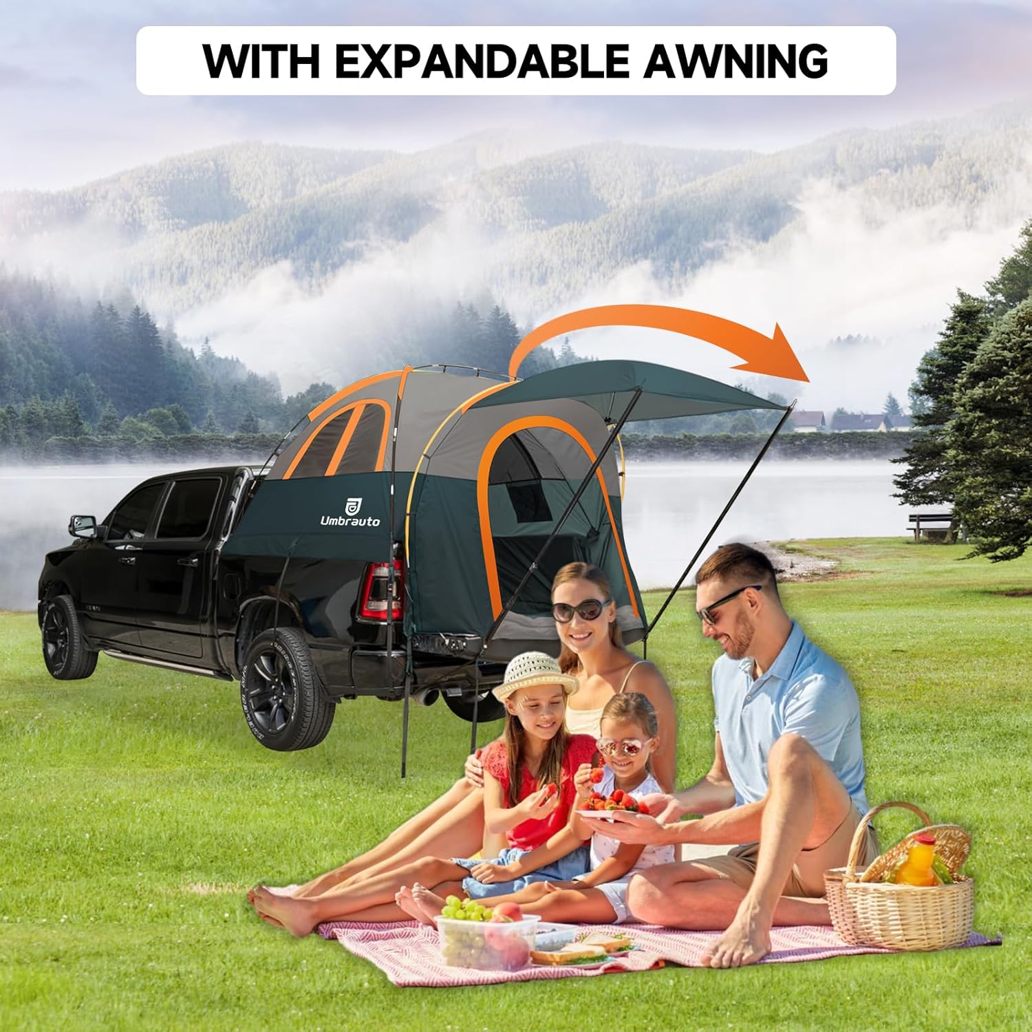 Truck Bed Tent for 5.5–5.8ft Beds — PU3000 Waterproof, 4ft Awning, Color-Coded Setup | 2–3 Sleepers