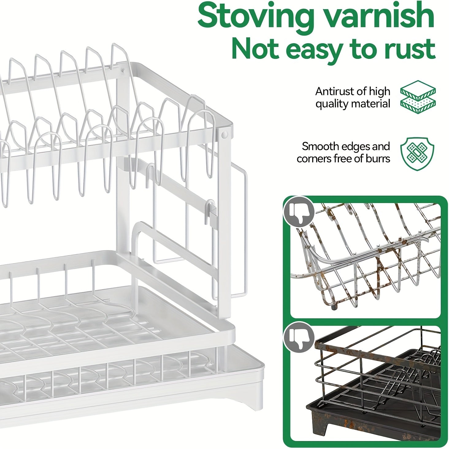 Black Metal Dish Rack | Rust-Resistant | Cup Hooks & Drainage Tray | 2-Layer & 3-Layer