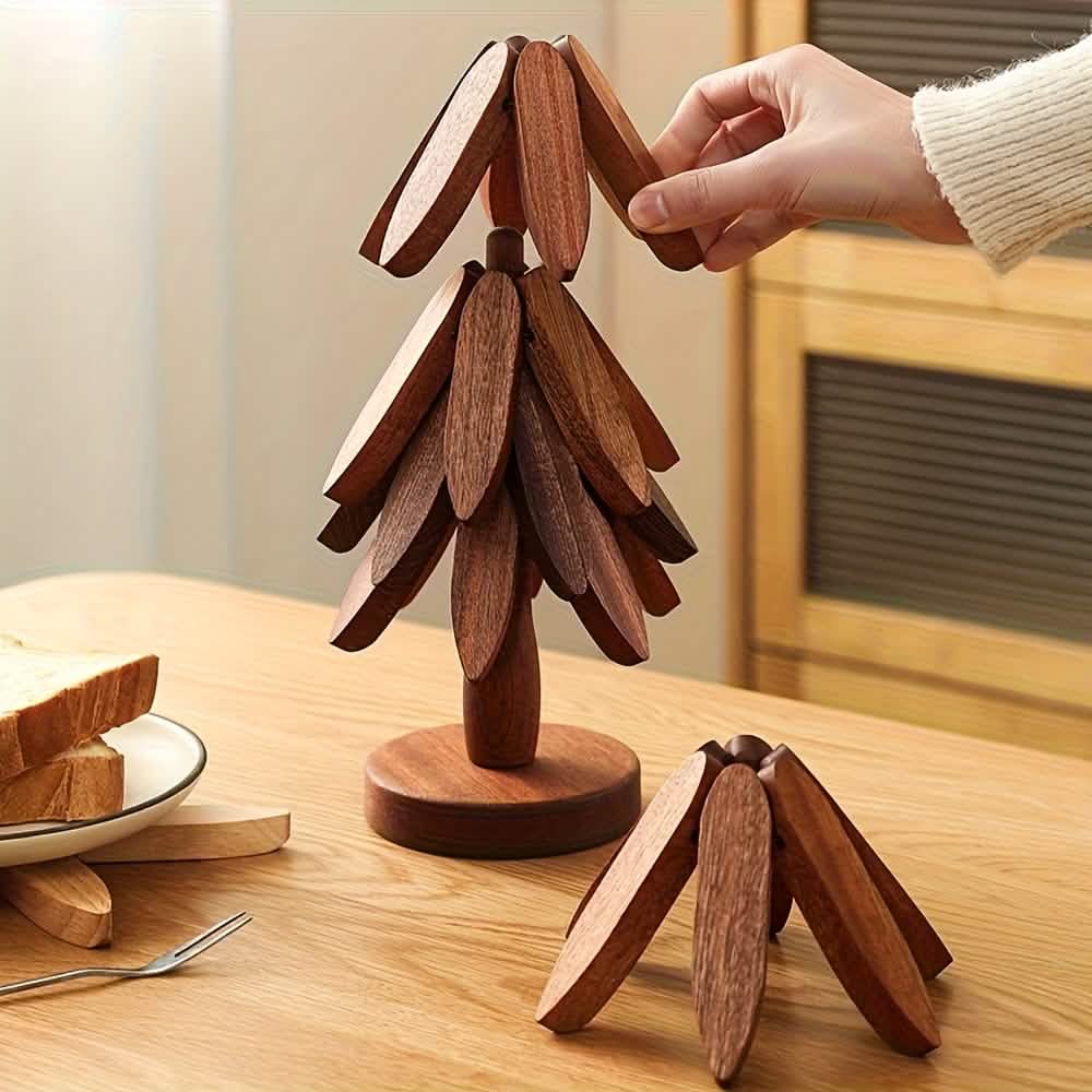 Solid Wood Tree-Shaped Trivet & Coaster Set — Foldable, Heat-Resistant | Kitchen & Gifting