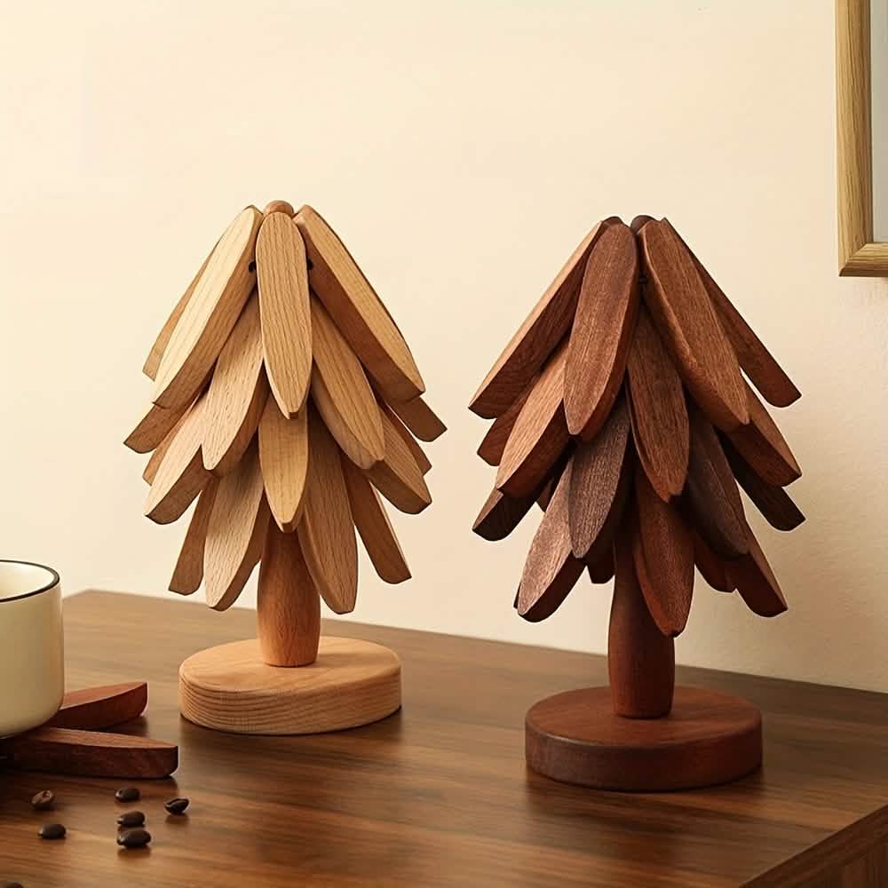 Solid Wood Tree-Shaped Trivet & Coaster Set — Foldable, Heat-Resistant | Kitchen & Gifting