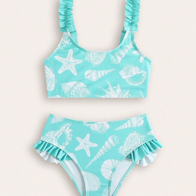 Mädchen hellblaues Badeanzug-Set mit Blumenmuster | Polyester & Spandex | Alter 4–8