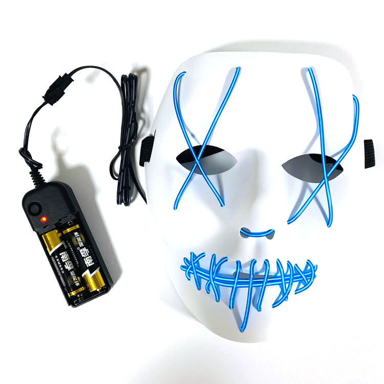 White mask with blue LED lights and a battery pack on a white background