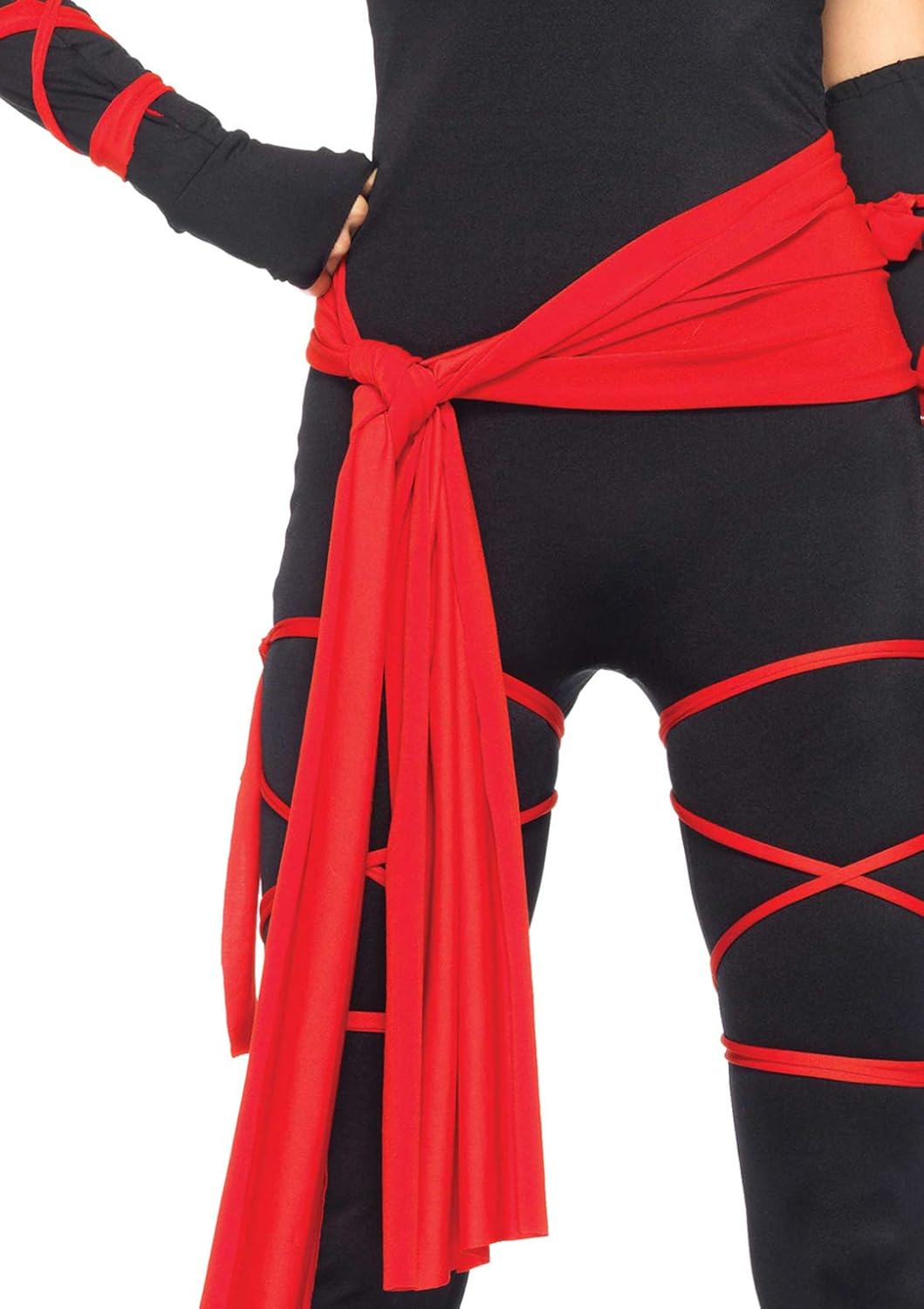 Black outfit with red accents on a white background