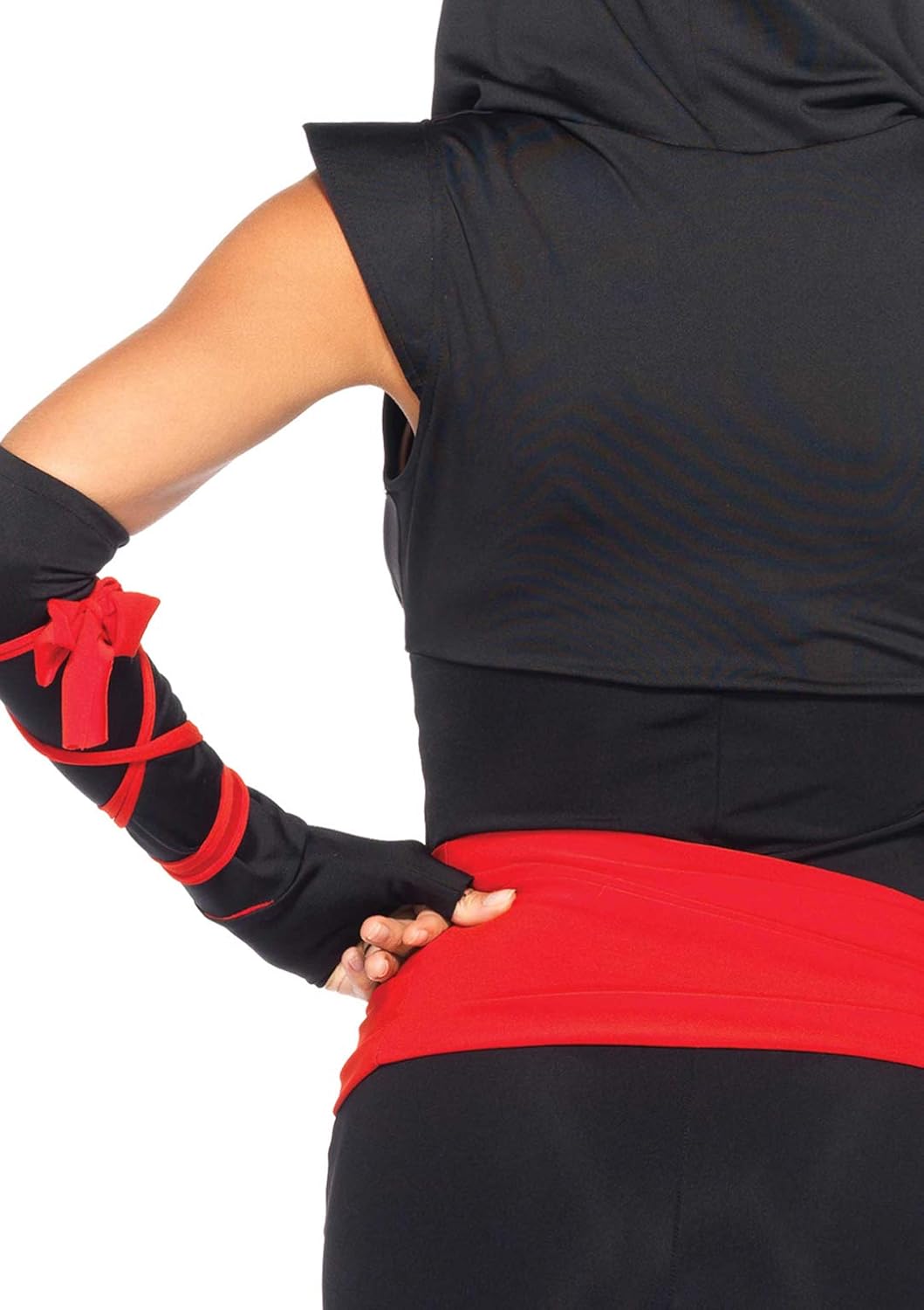 Black outfit with red accents worn by a person on a white background