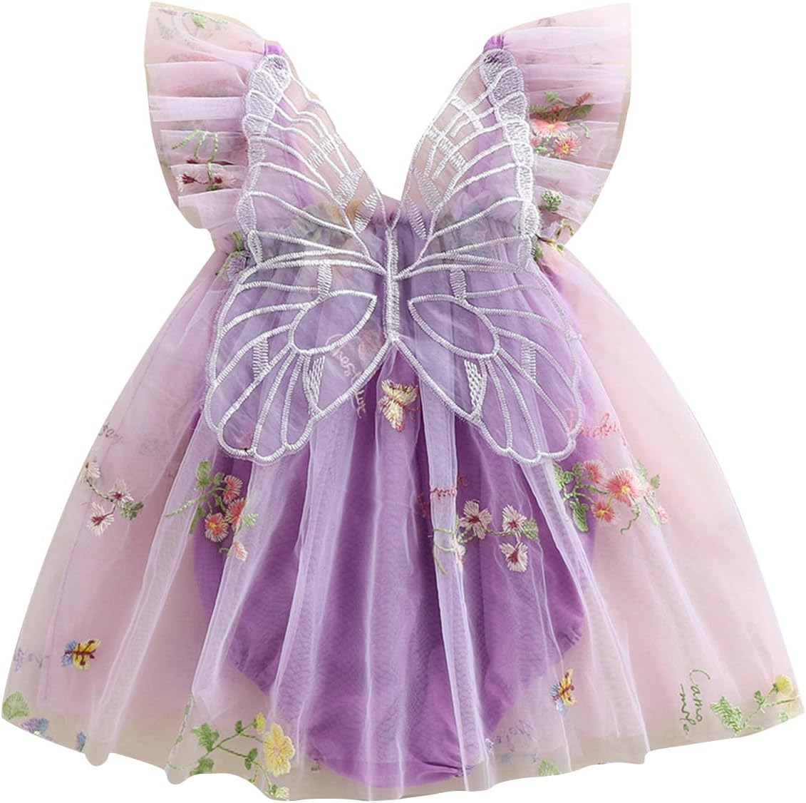 Children's dress with butterfly wings and floral design on a white background