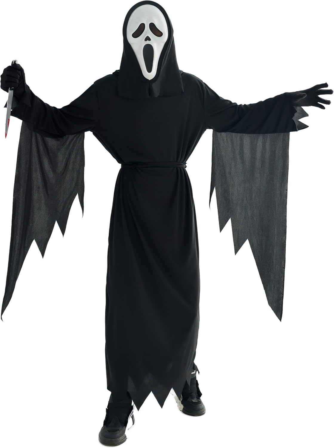 Halloween costume with black robe and white mask on a white background
