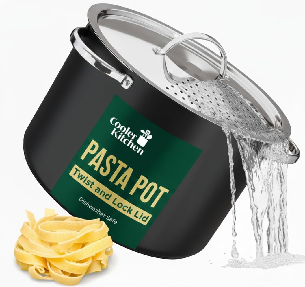 Edelstahl-Nudeltopf mit Siebdeckel und Verschlussmechanismus – 5,2 Liter Fassungsvermögen