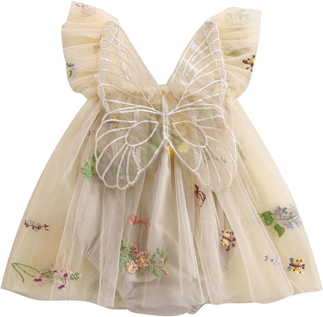 Beige dress with butterfly design and floral embroidery on a white background