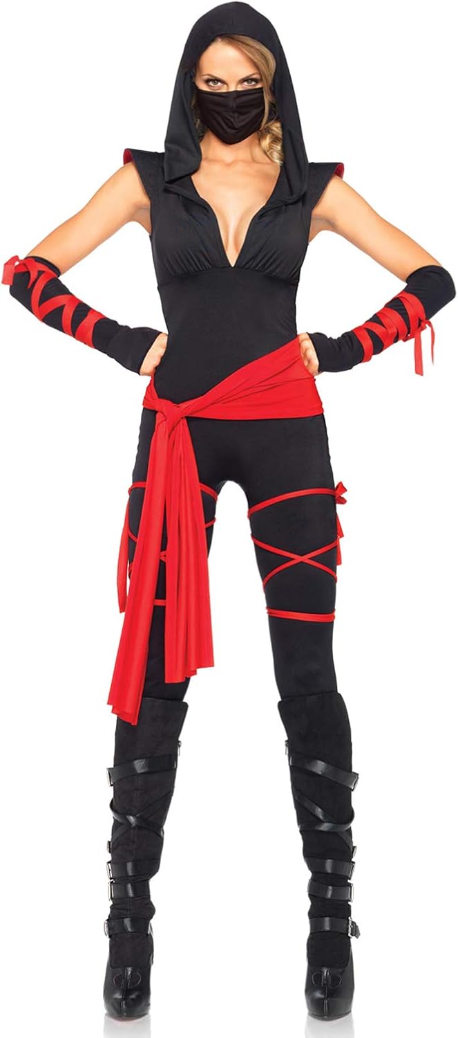 Person wearing a black and red ninja costume on a white background