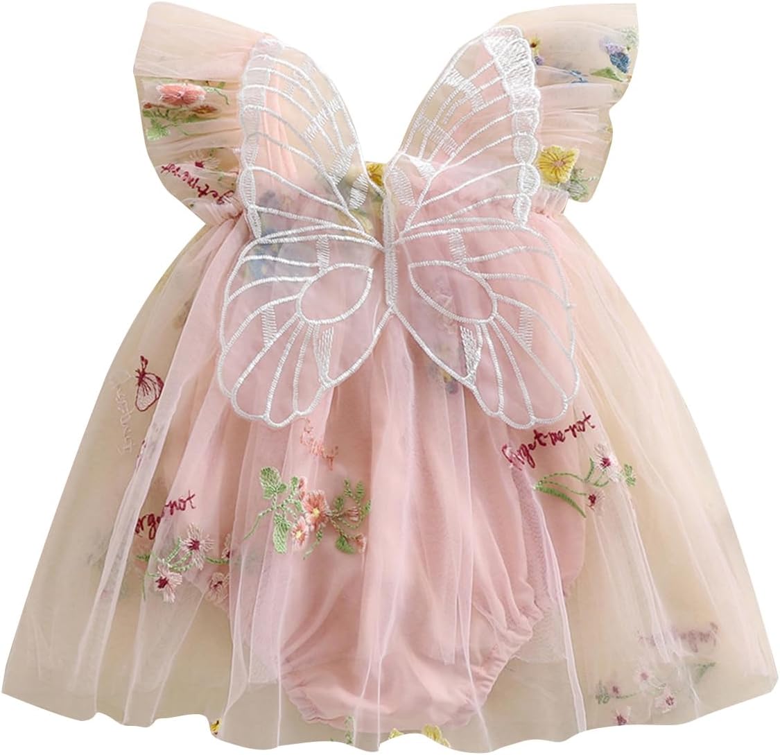 Pink fairy dress with butterfly wings and floral embroidery on a white background