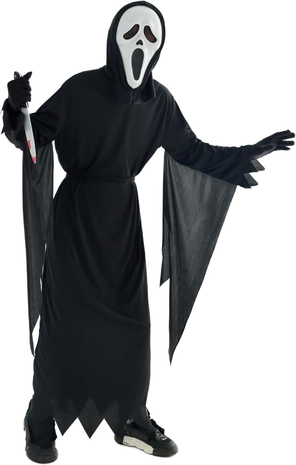 Person wearing a black ghost costume with a white mask holding a knife on a white background