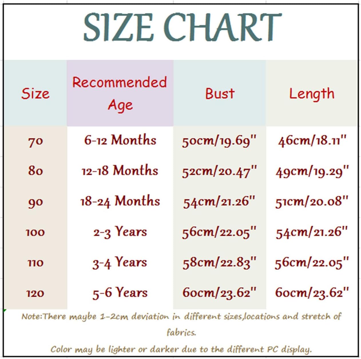 Size chart for children's clothing with size, age, bust, and length measurements.