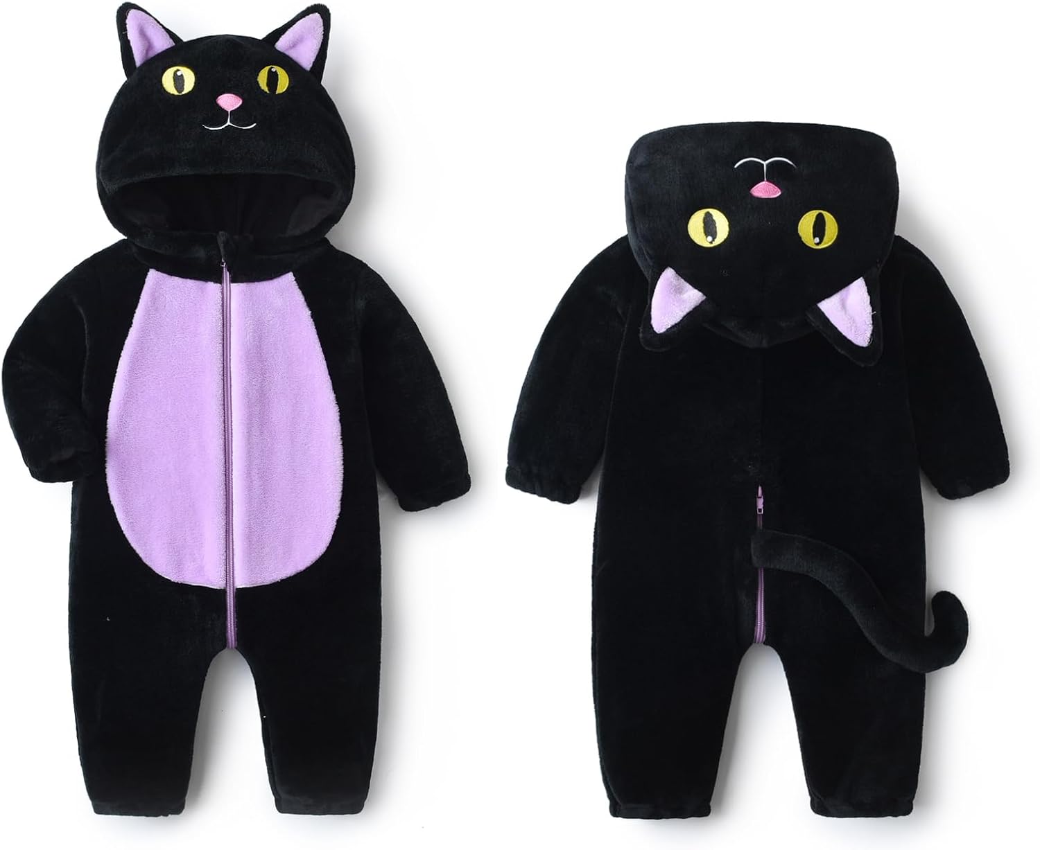 Two black cat-themed onesies on a white background