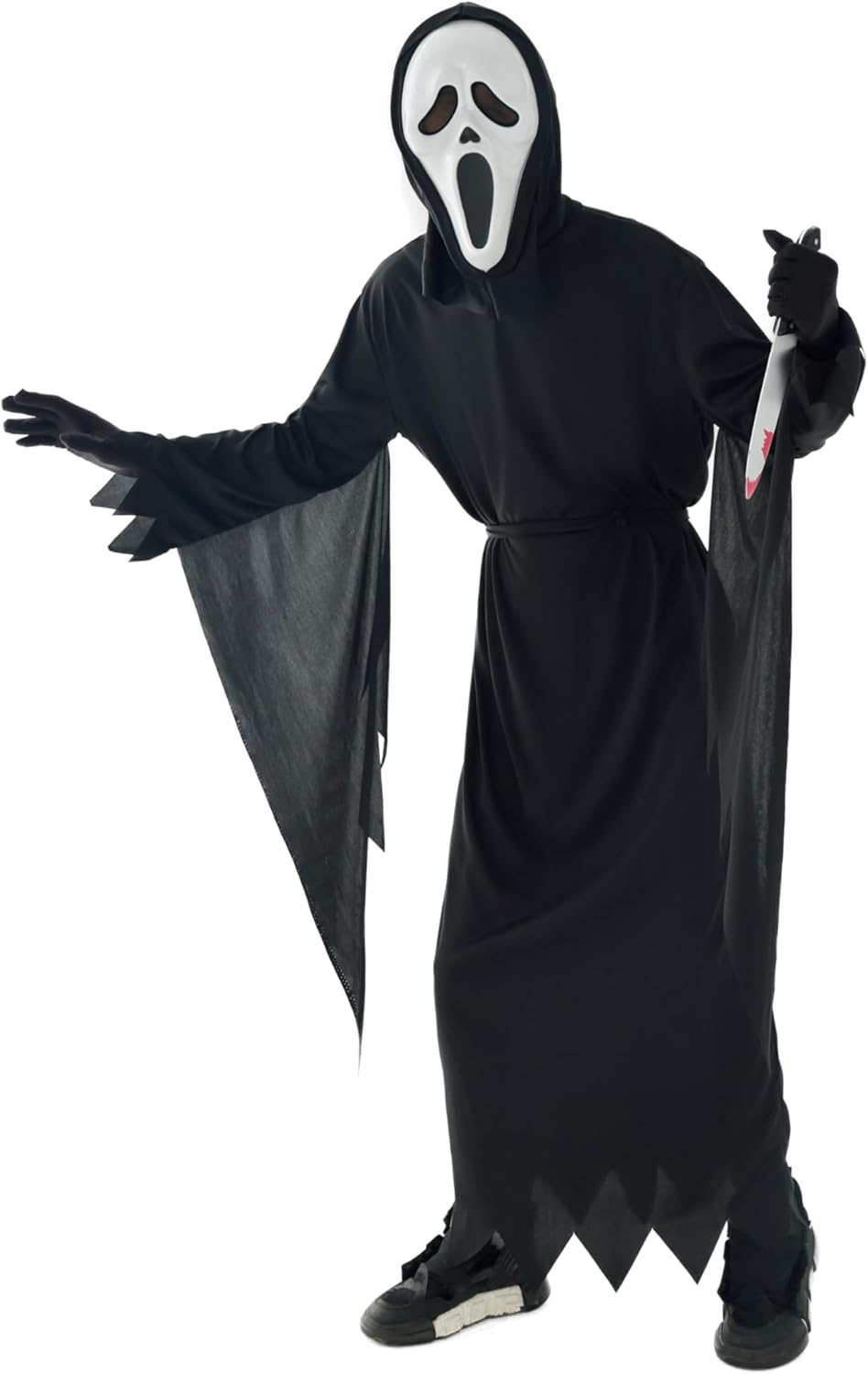 Person wearing a black Halloween costume with a white mask on a white background