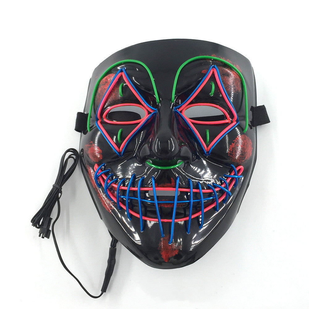 Black mask with colorful LED lights on a white background