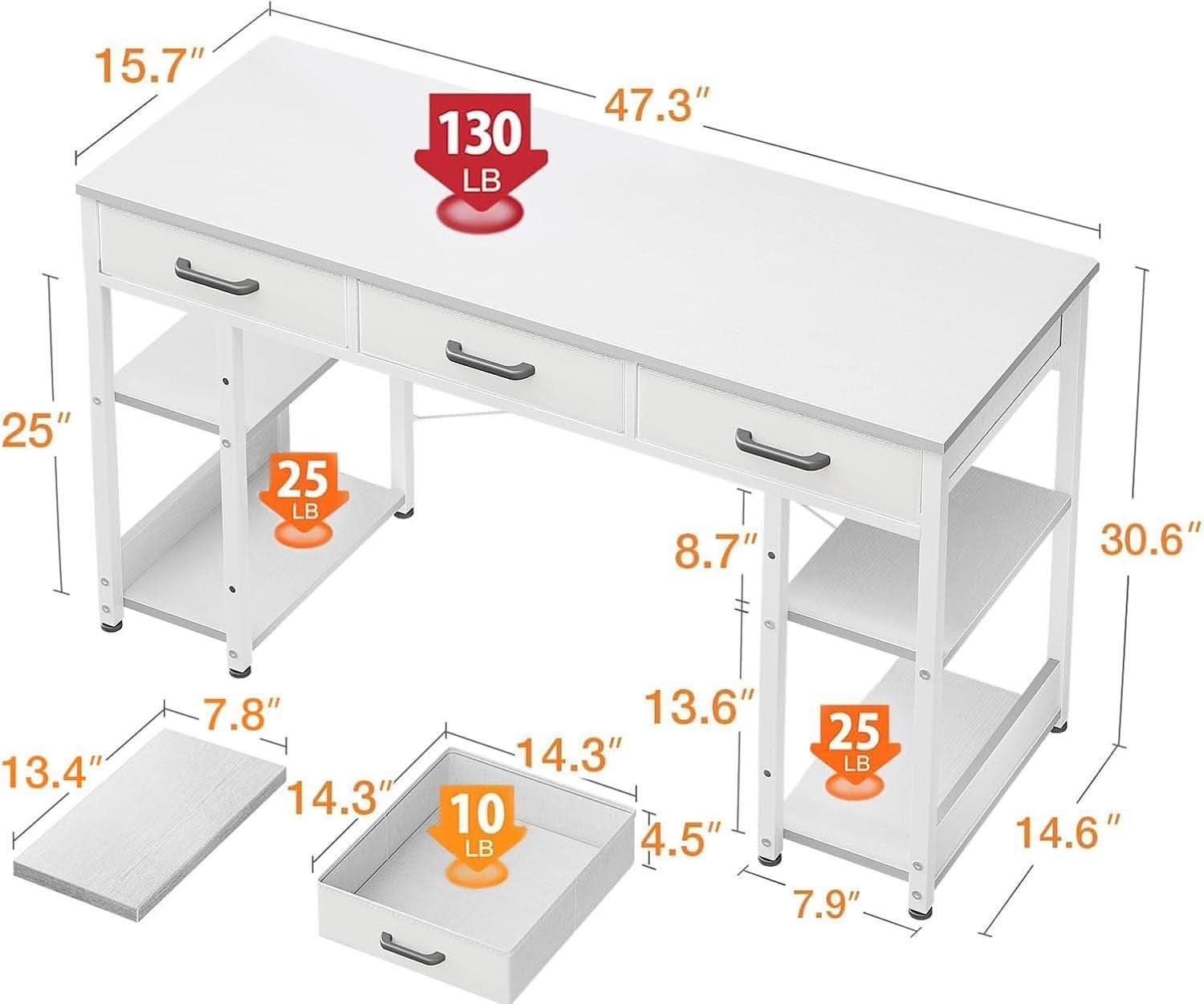 48-Inch White Contemporary Desk with Drawers – Modern Home Office & Study Computer Desk