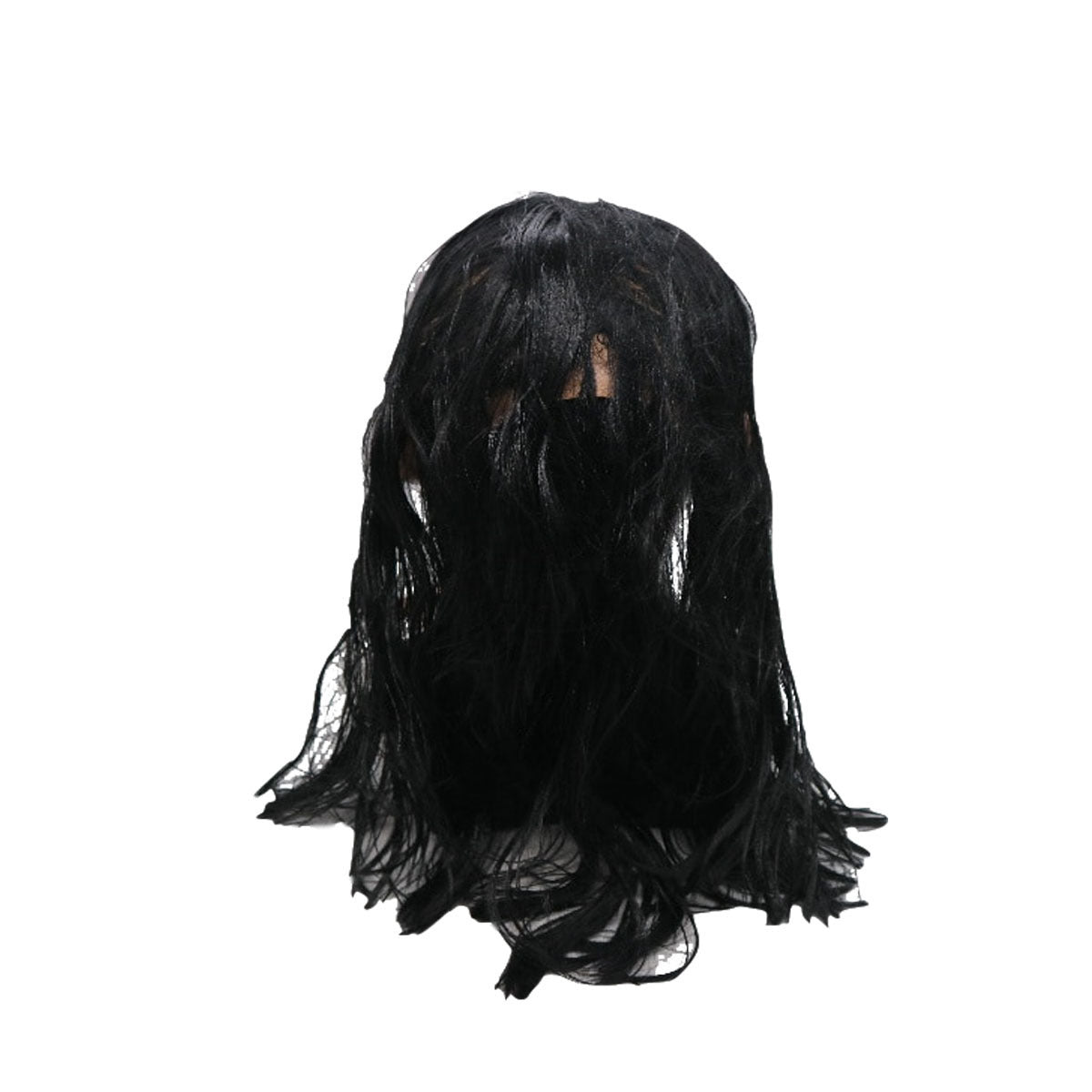 A long, messy black wig with a textured, frizzy appearance, displayed on a mannequin head against a plain white background.