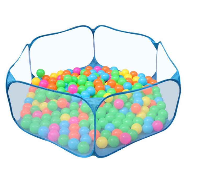 Colorful ball pit with a blue mesh cover on a white background