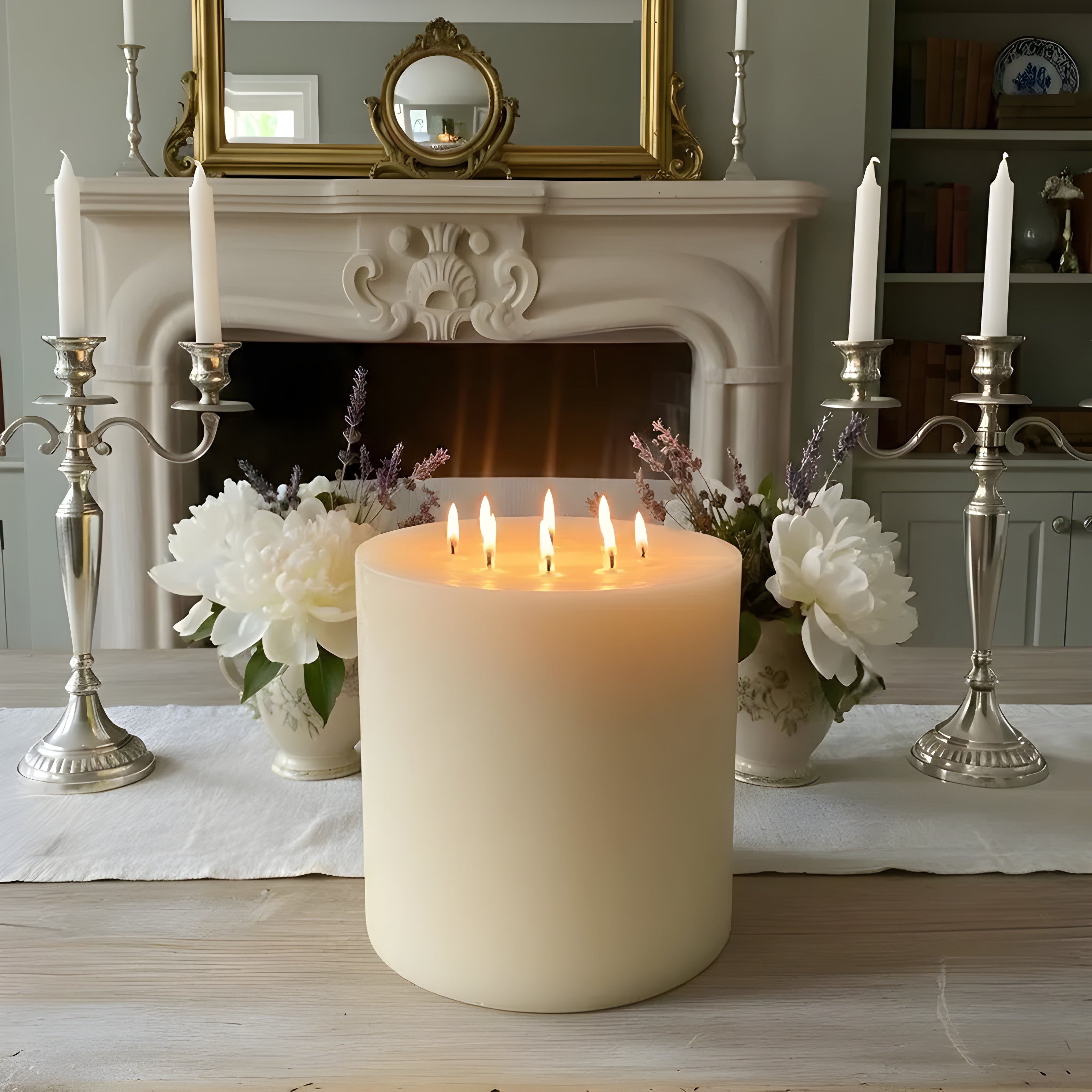 Candle with flames on a table in front of a fireplace with decorative elements.