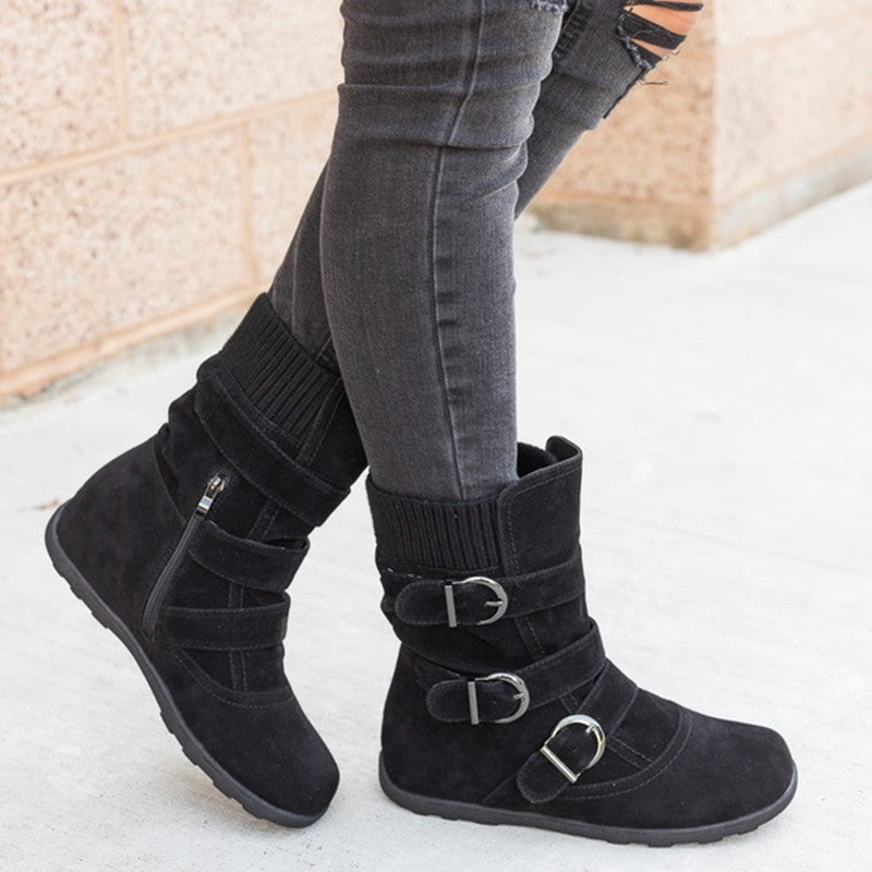 Women's Buckle Strap Winter Boots – Matte Round-Toe Flat Ankle Boots | 4 Colors