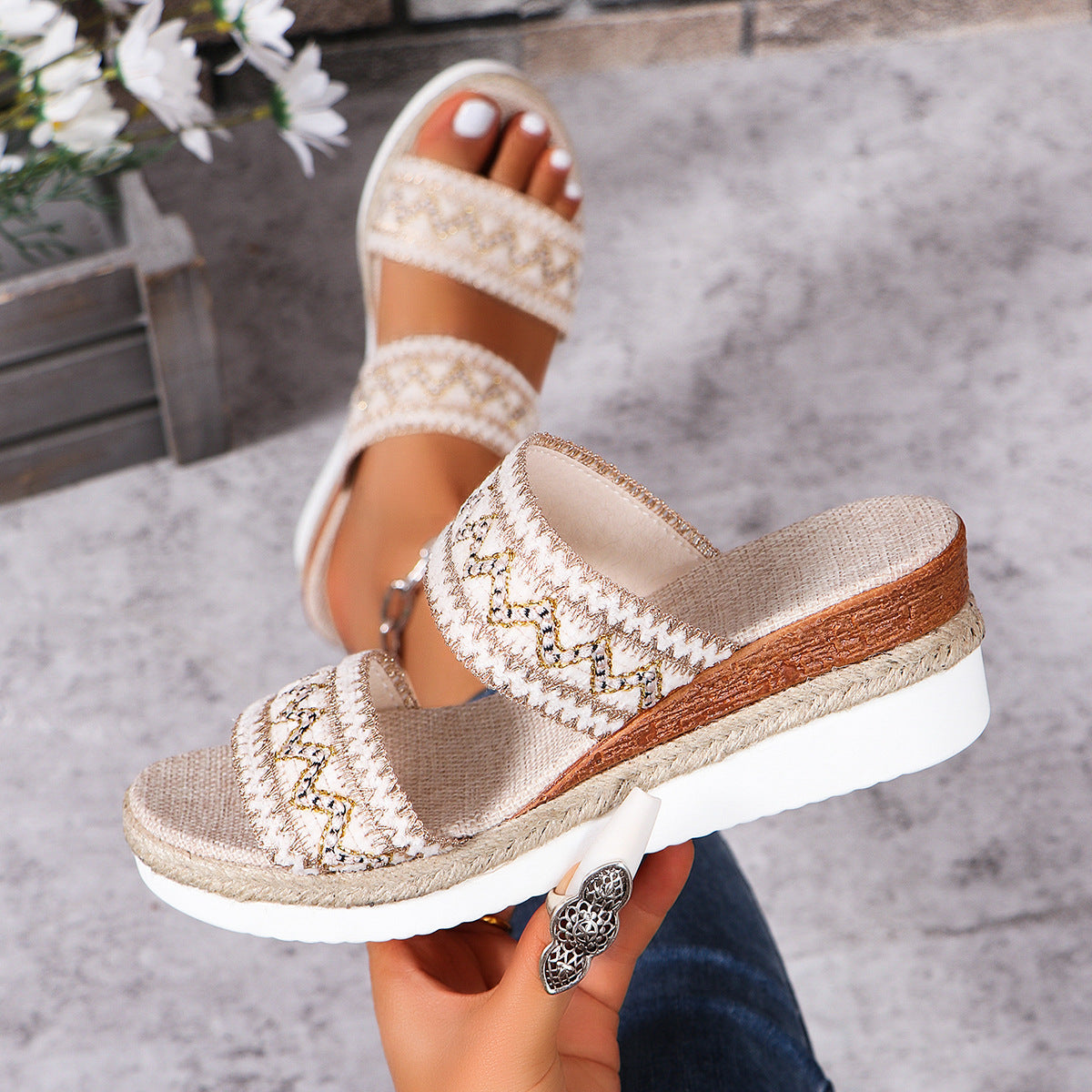 Women's Woven Wedge Sandals – Boho Ethnic Style | Sizes 36–43