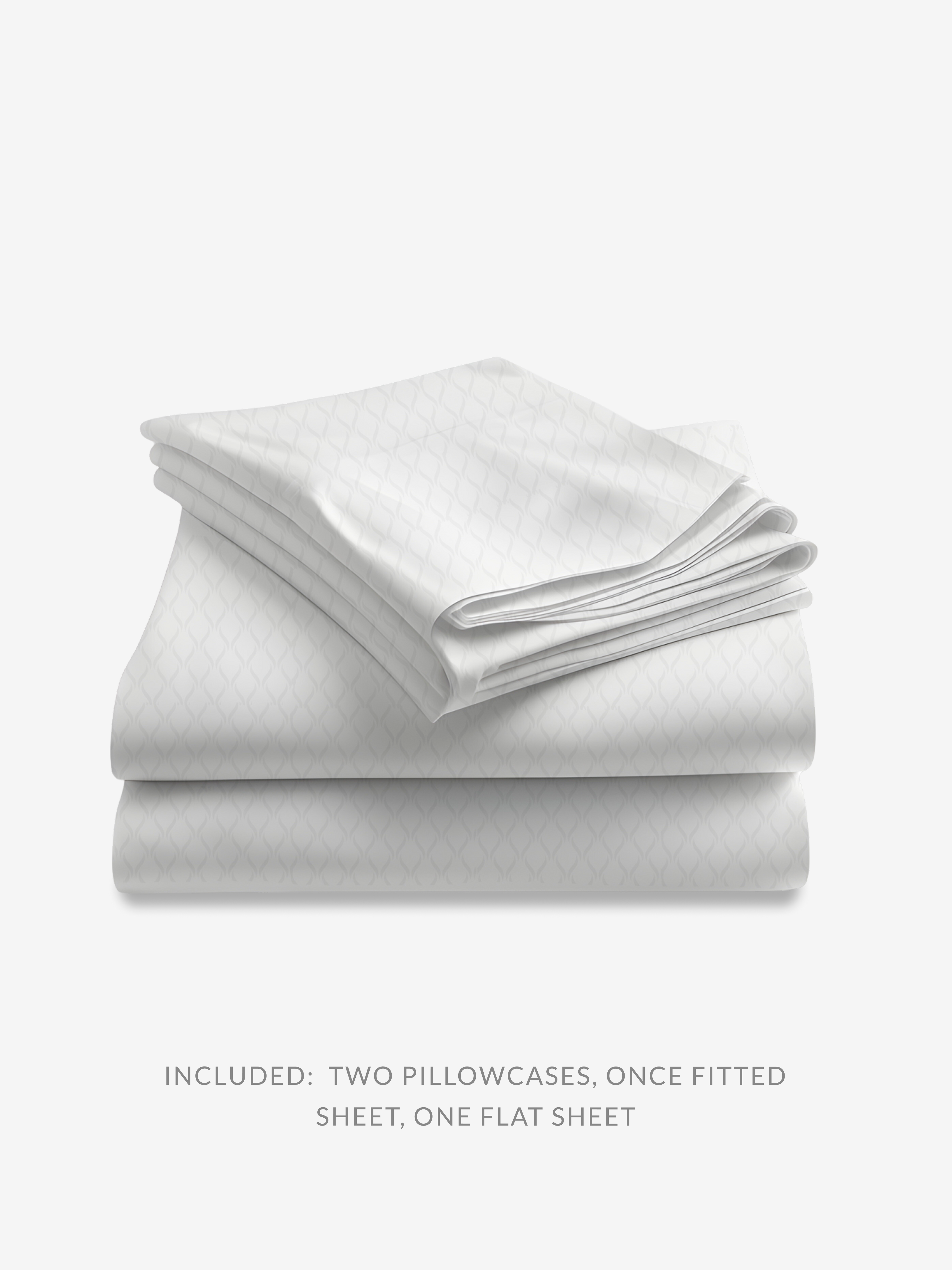 Gray bedding set with two pillowcases, a fitted sheet, and a flat sheet on a white background.
