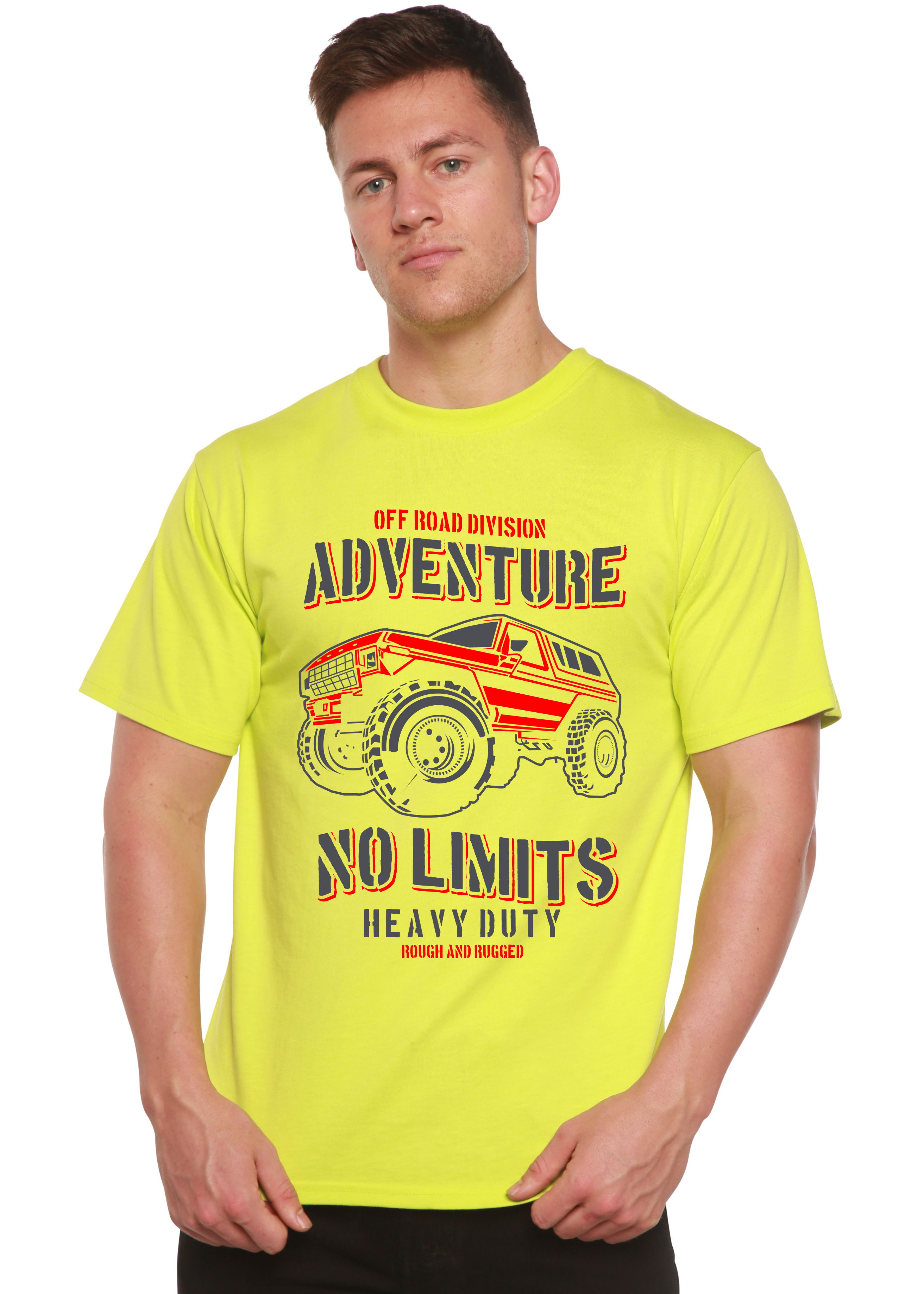 Man wearing a bright yellow t-shirt with off-road vehicle graphic and text.