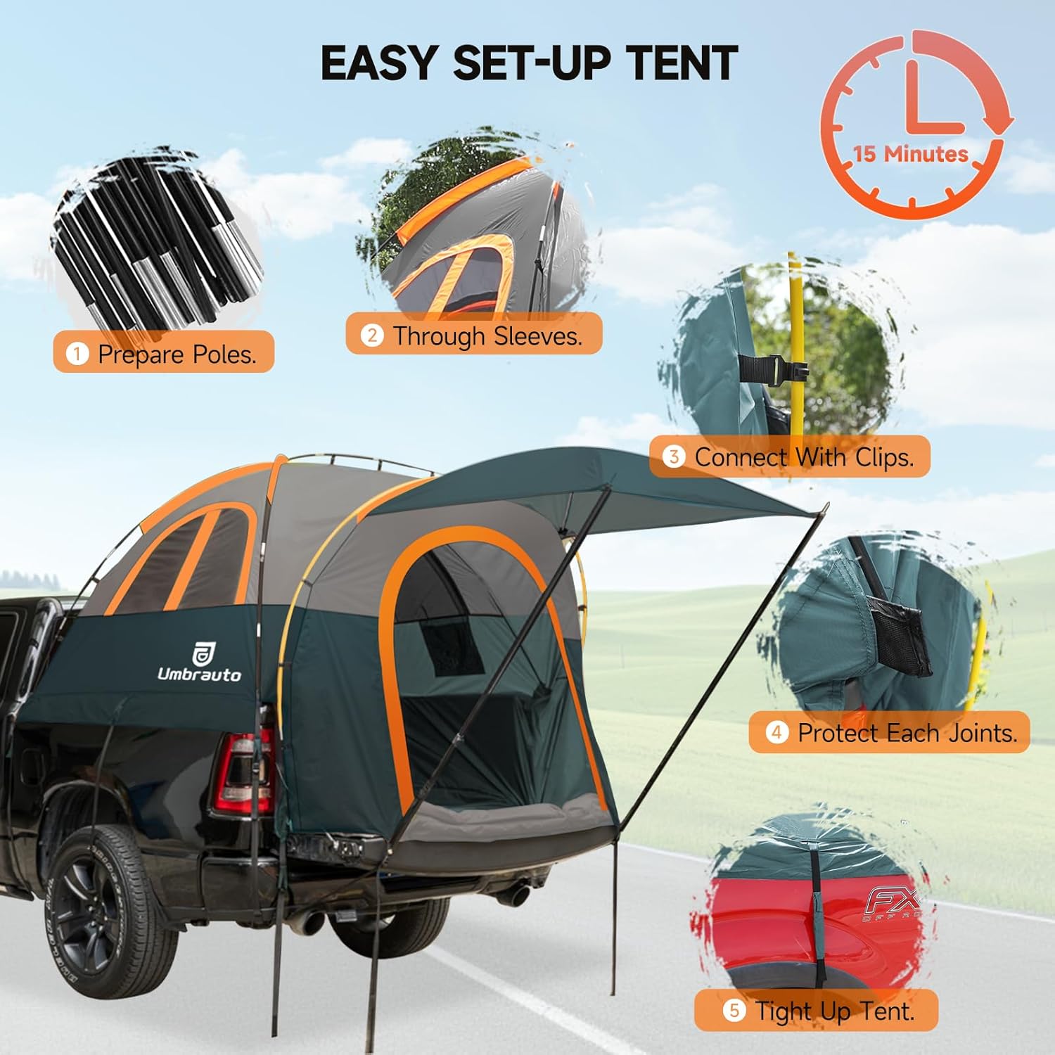 Truck Bed Tent for 5.5–5.8ft Beds — PU3000 Waterproof, 4ft Awning, Color-Coded Setup | 2–3 Sleepers
