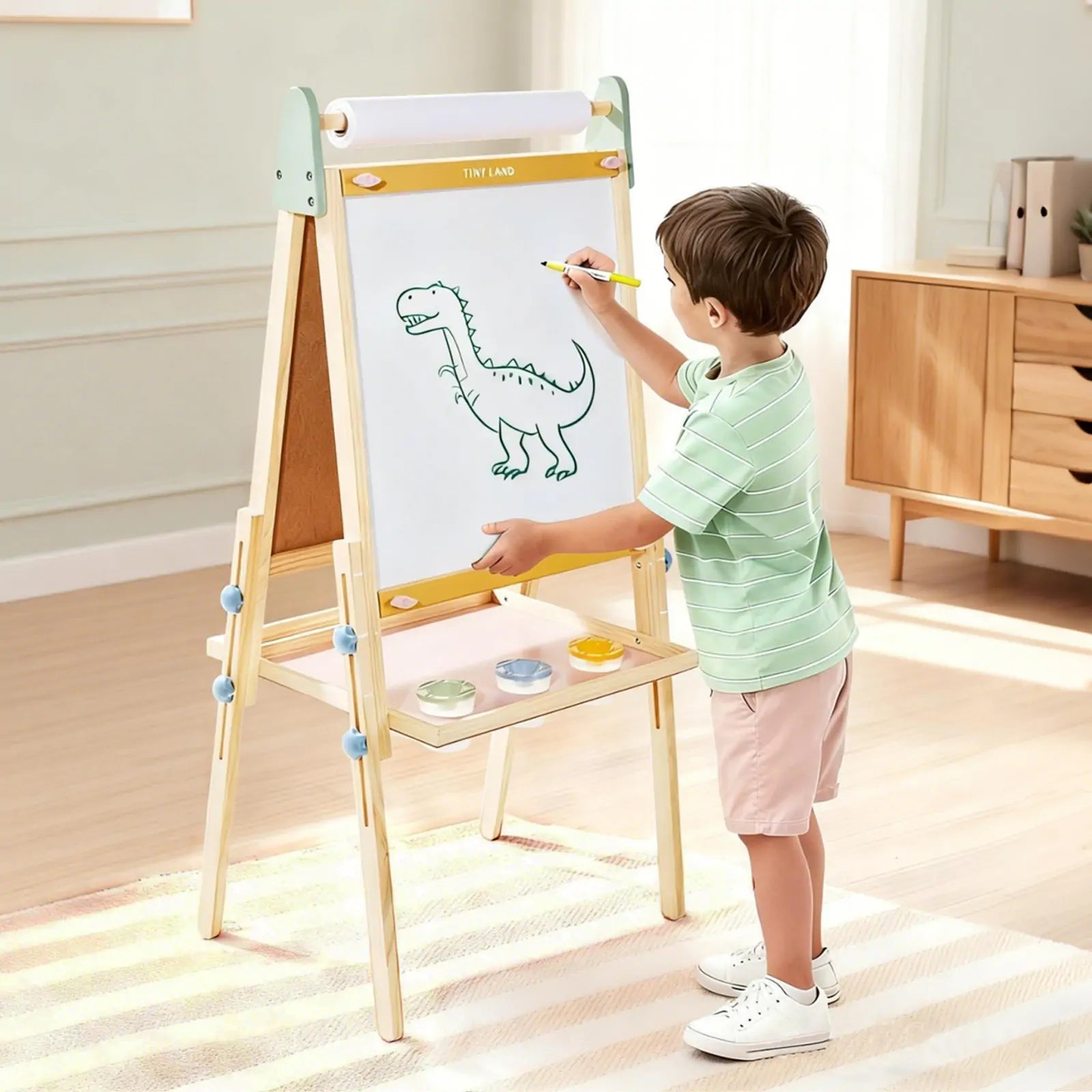Tiny Land Double-Sided Kids Art Easel – Chalkboard, Whiteboard & Paper Roll